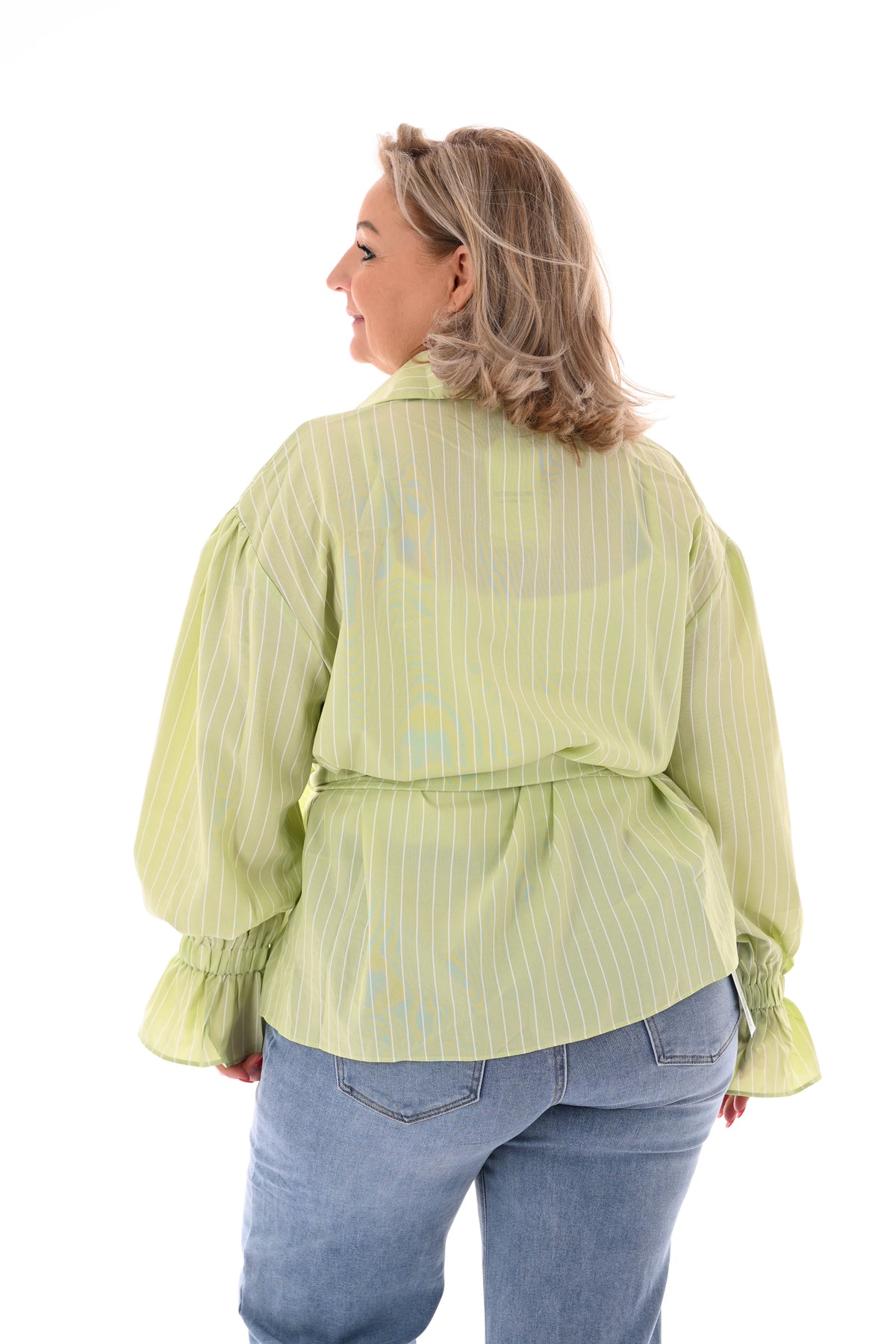 Blouse met fijne streepjes en ceintuur lichtgroen