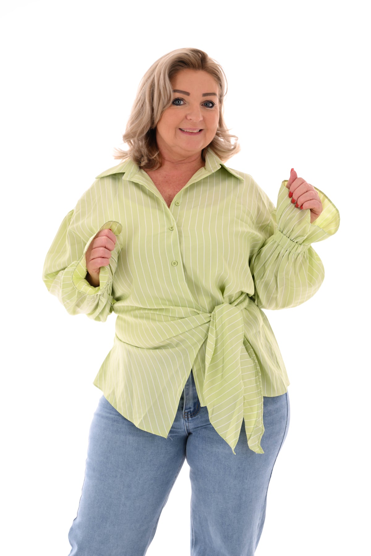 Blouse met fijne streepjes en ceintuur lichtgroen