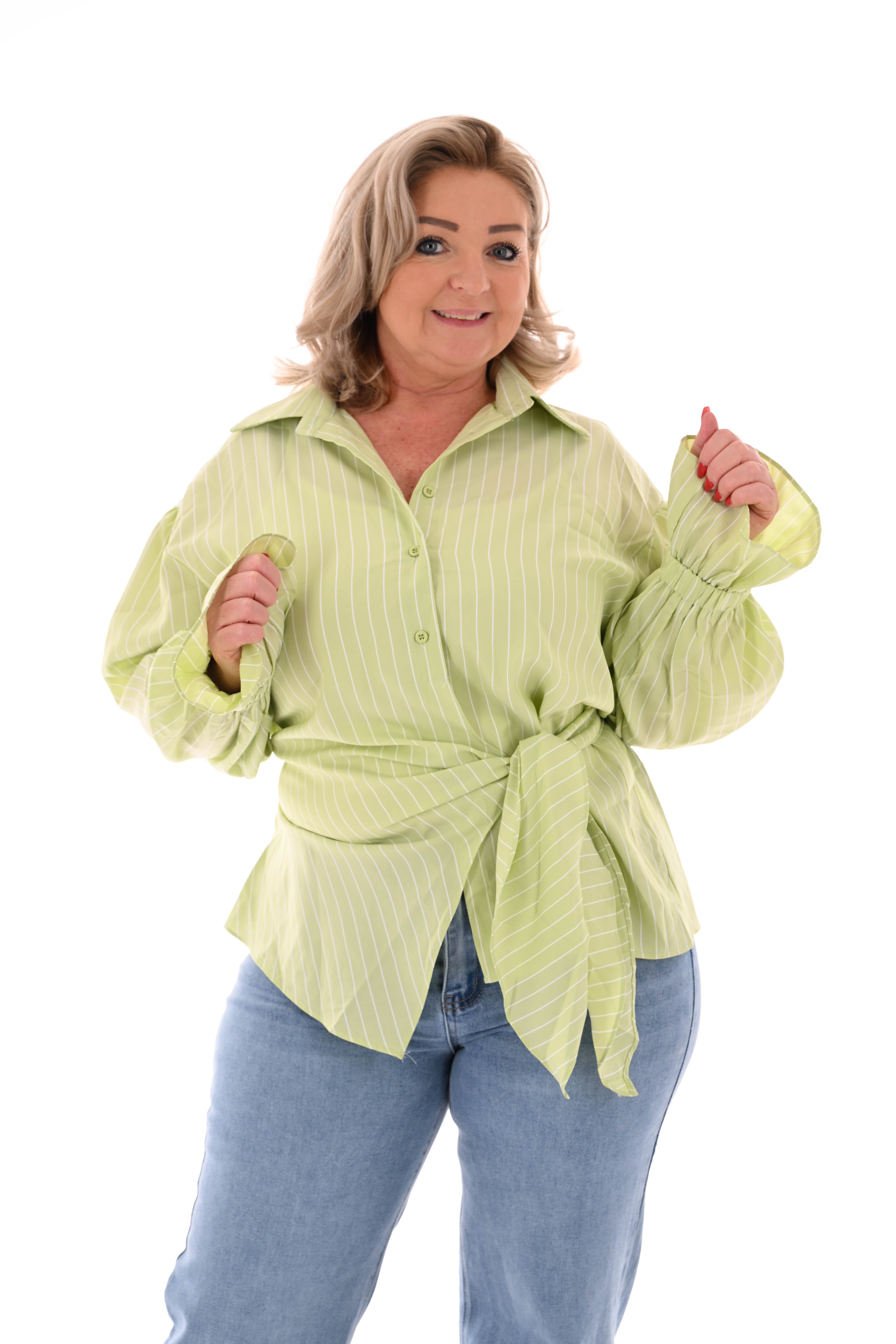 Blouse met fijne streepjes en ceintuur lichtgroen