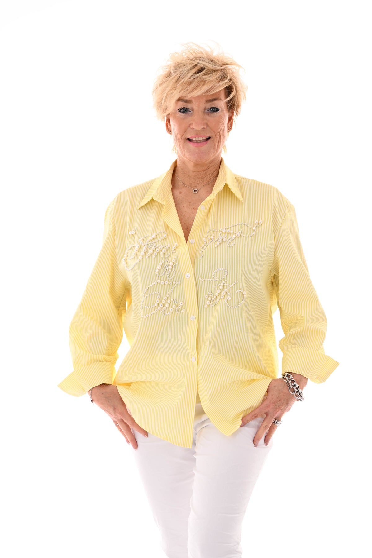 Blouse streepjes en parels geel