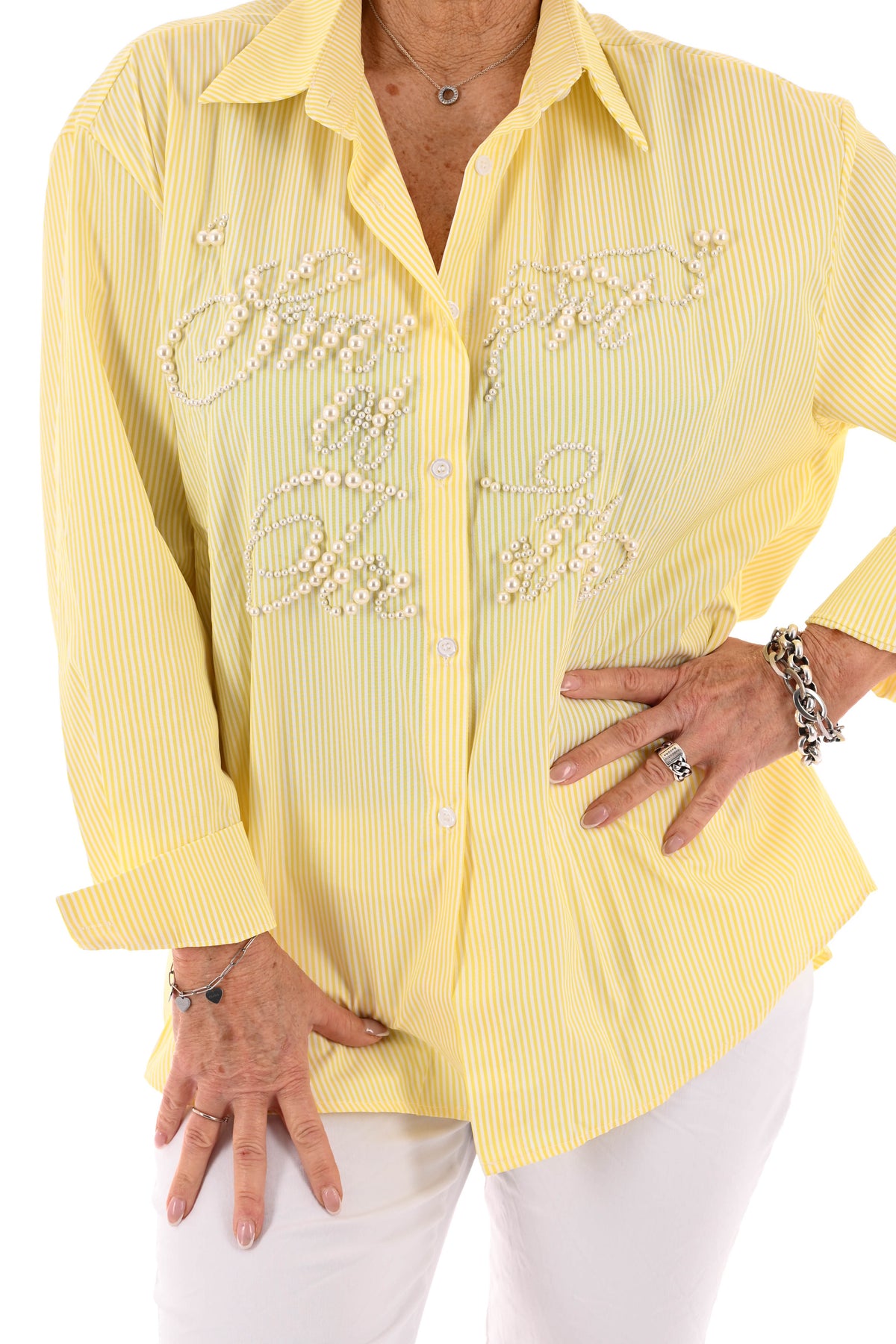 Blouse streepjes en parels geel