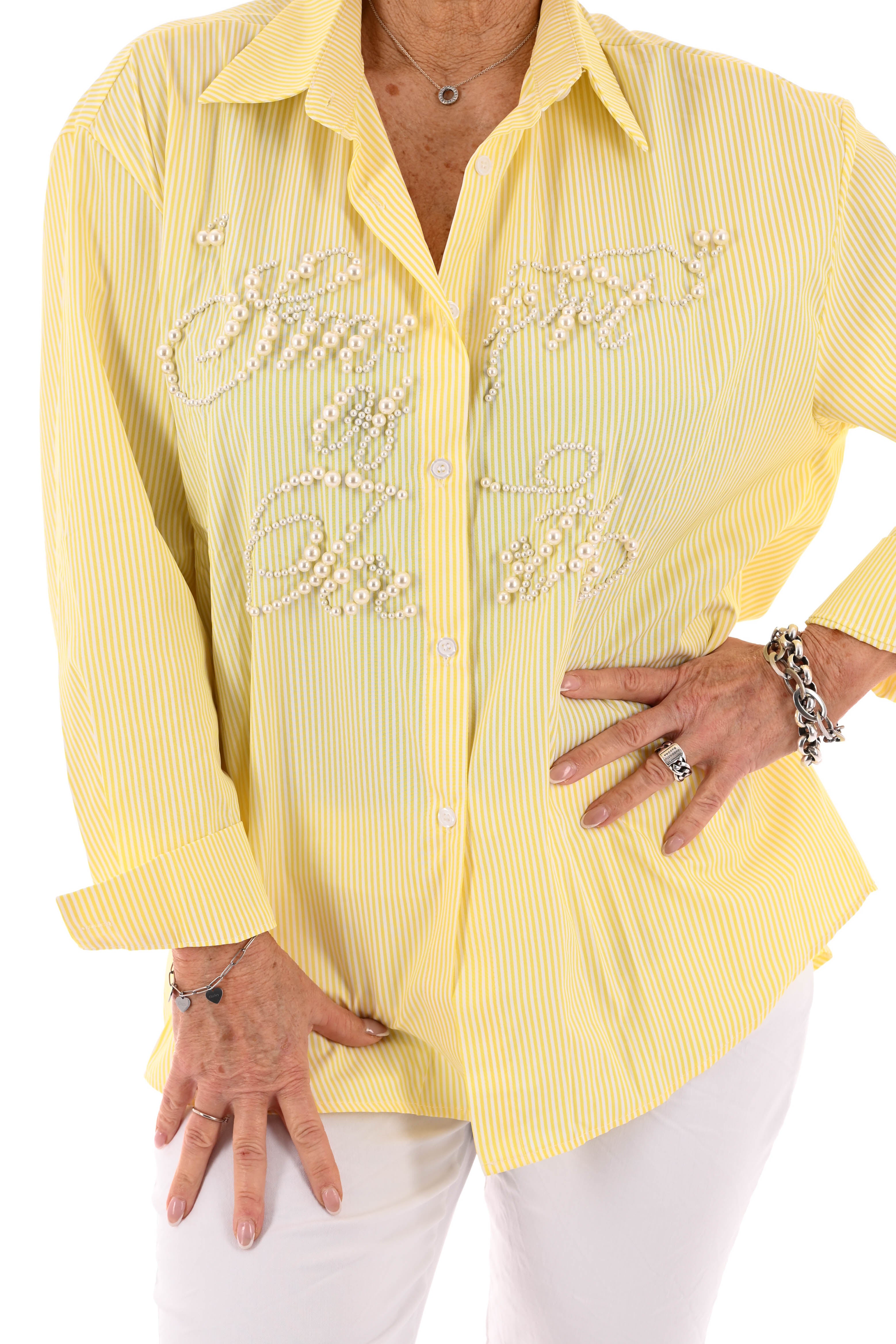 Blouse streepjes en parels geel