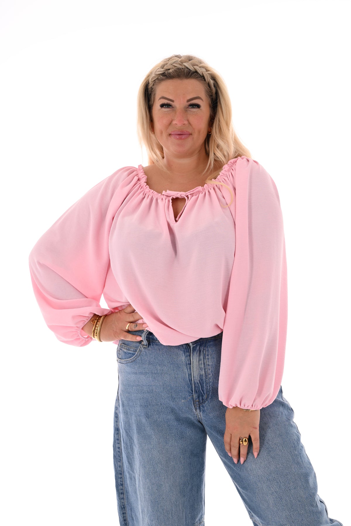 Top off-shoulder lange mouwen uni lichtroze