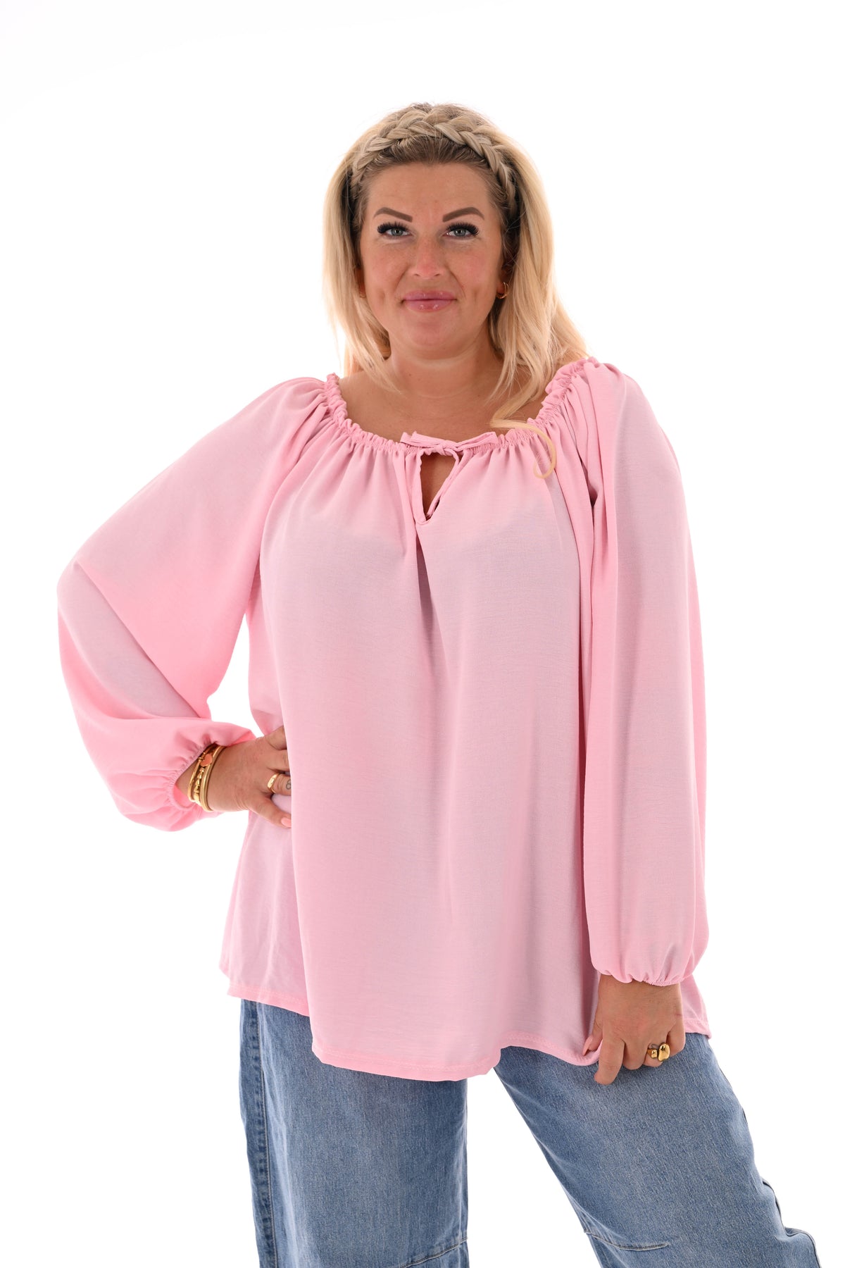 Top off-shoulder lange mouwen uni lichtroze