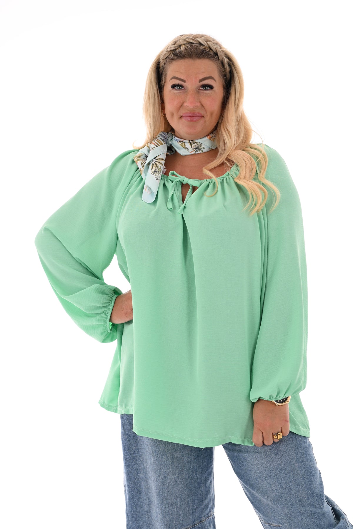 Top off-shoulder lange mouwen uni mintgroen