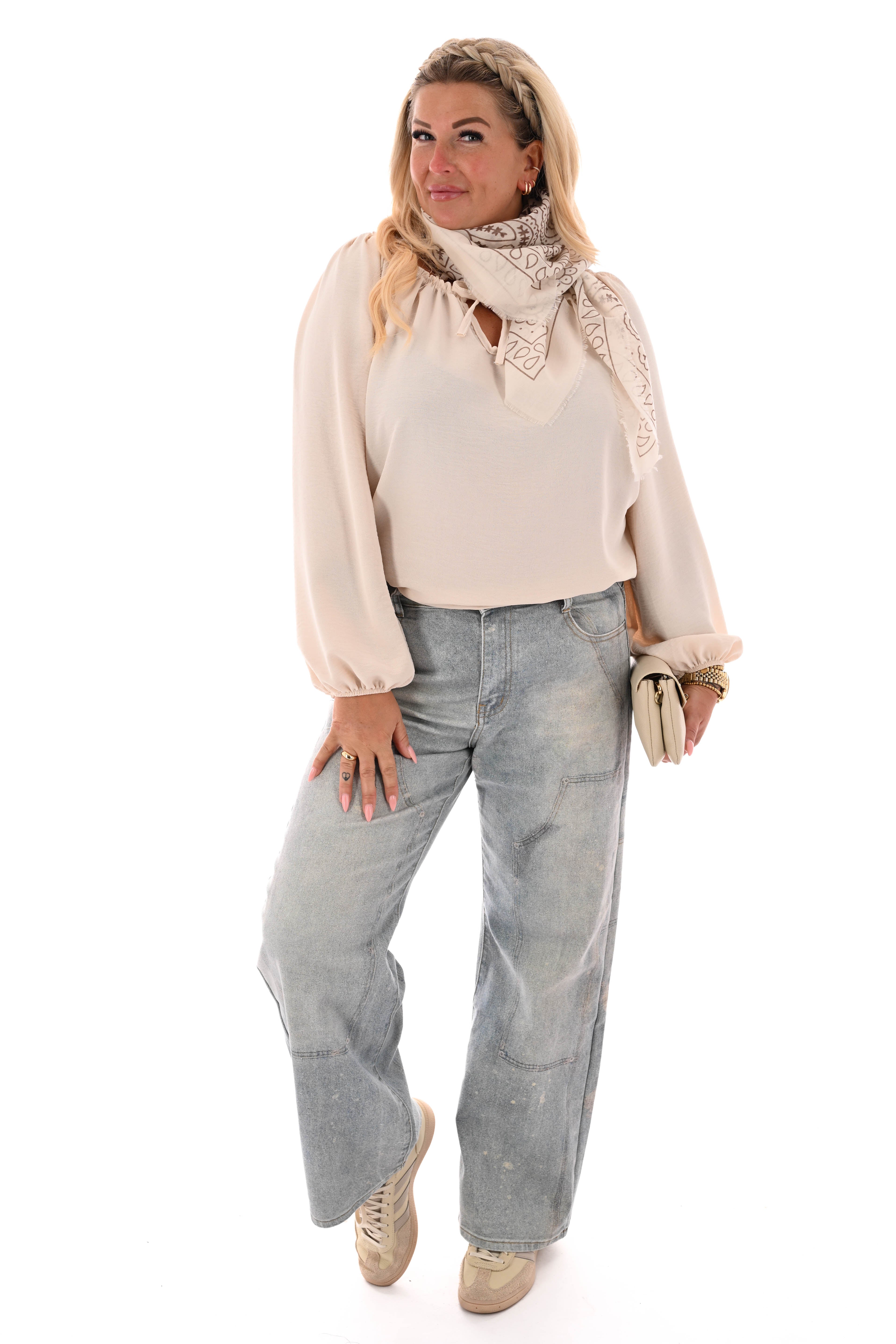 Top off-shoulder lange mouwen uni beige