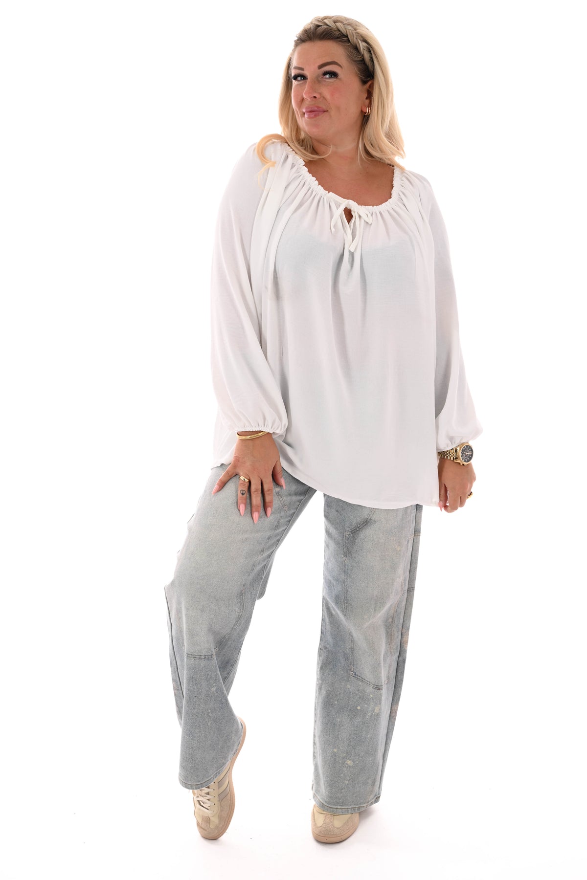 Top off-shoulder lange mouwen uni roomwit