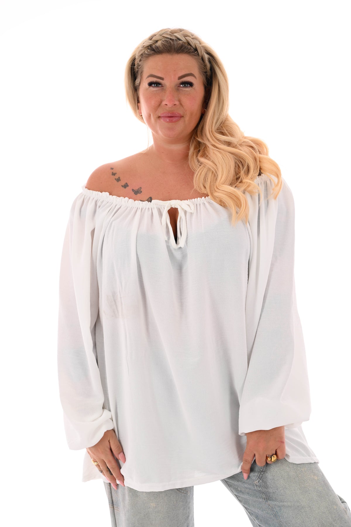 Top off-shoulder lange mouwen uni roomwit