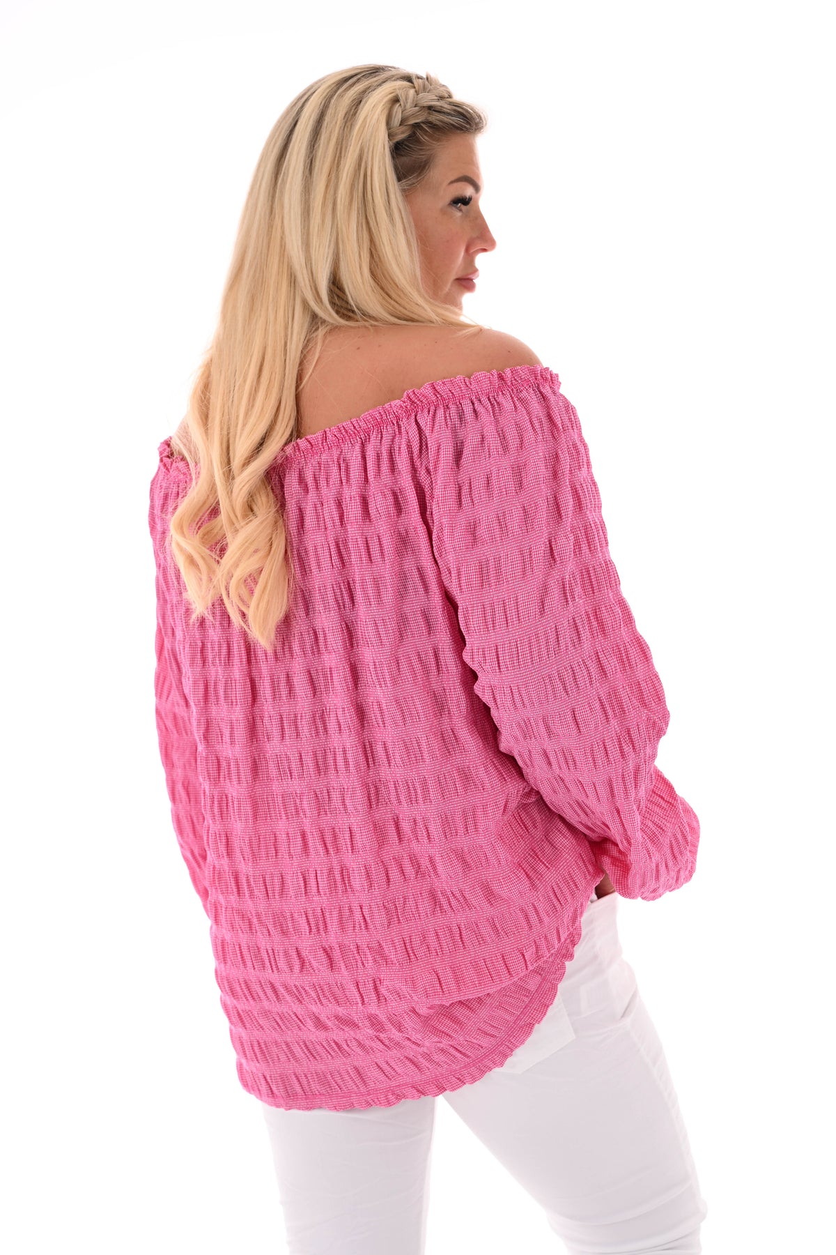 Top off-shoulder gesmockt lange mouwen donkerroze