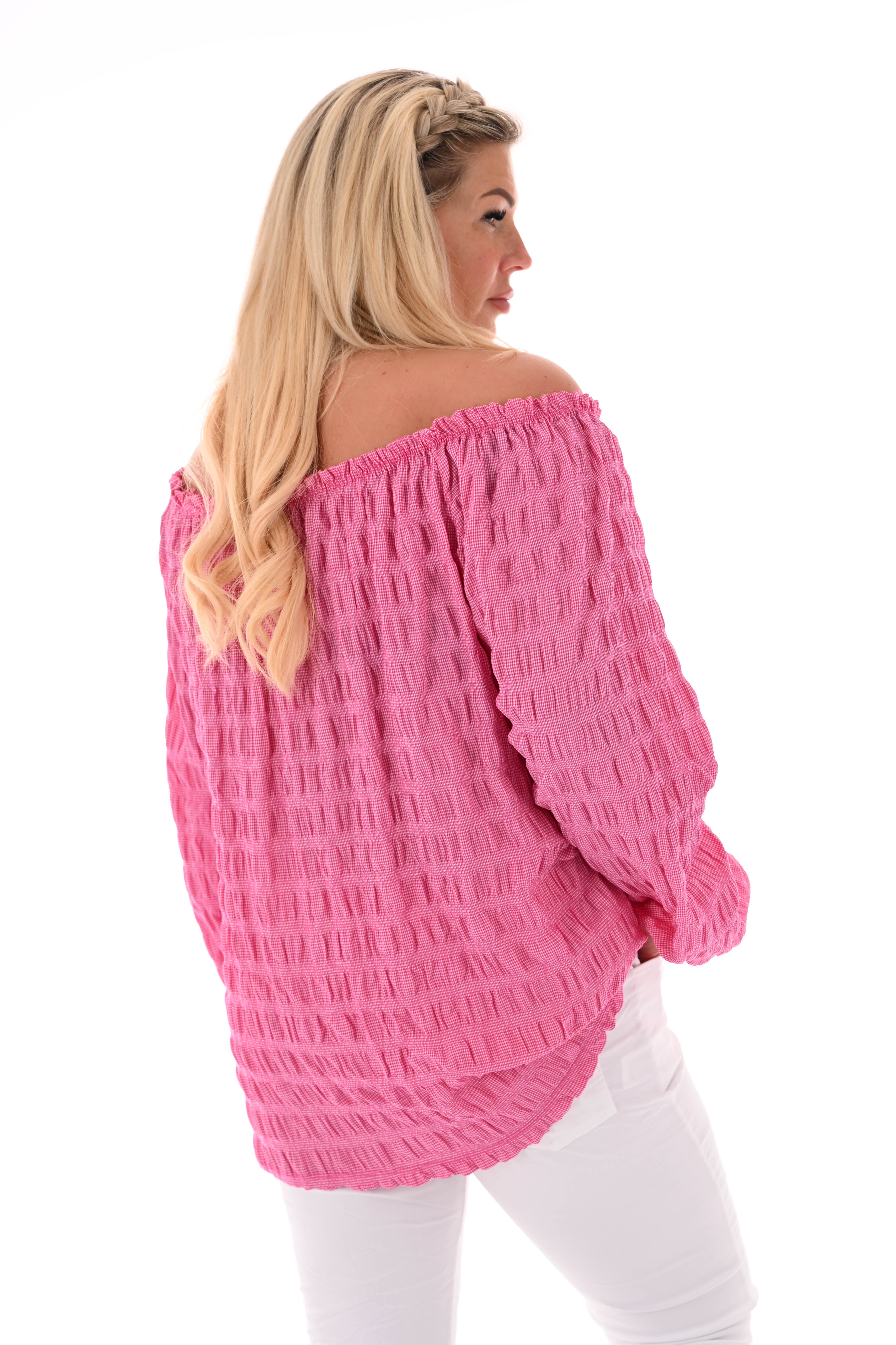 Top off-shoulder gesmockt lange mouwen donkerroze