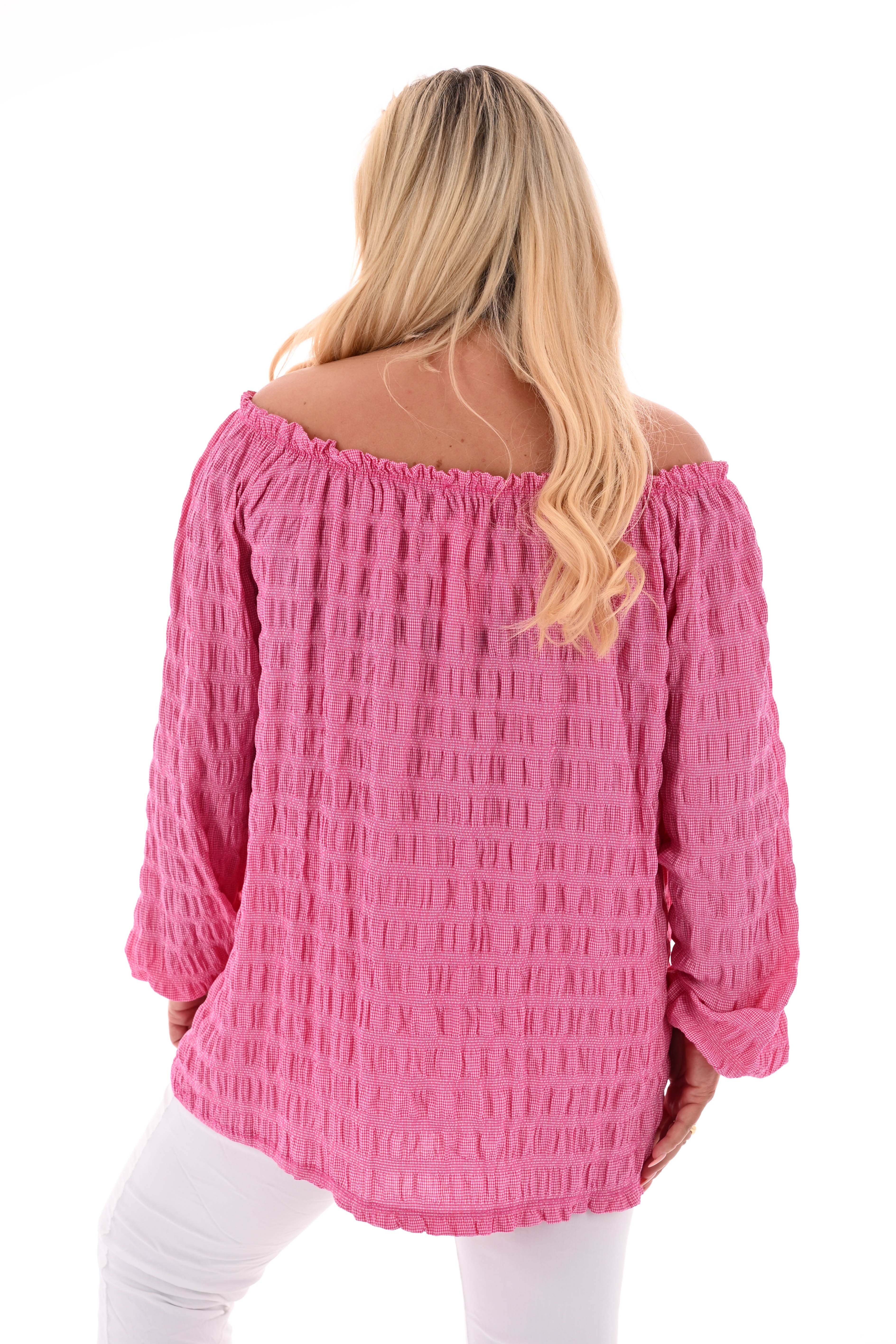 Top off-shoulder gesmockt lange mouwen donkerroze