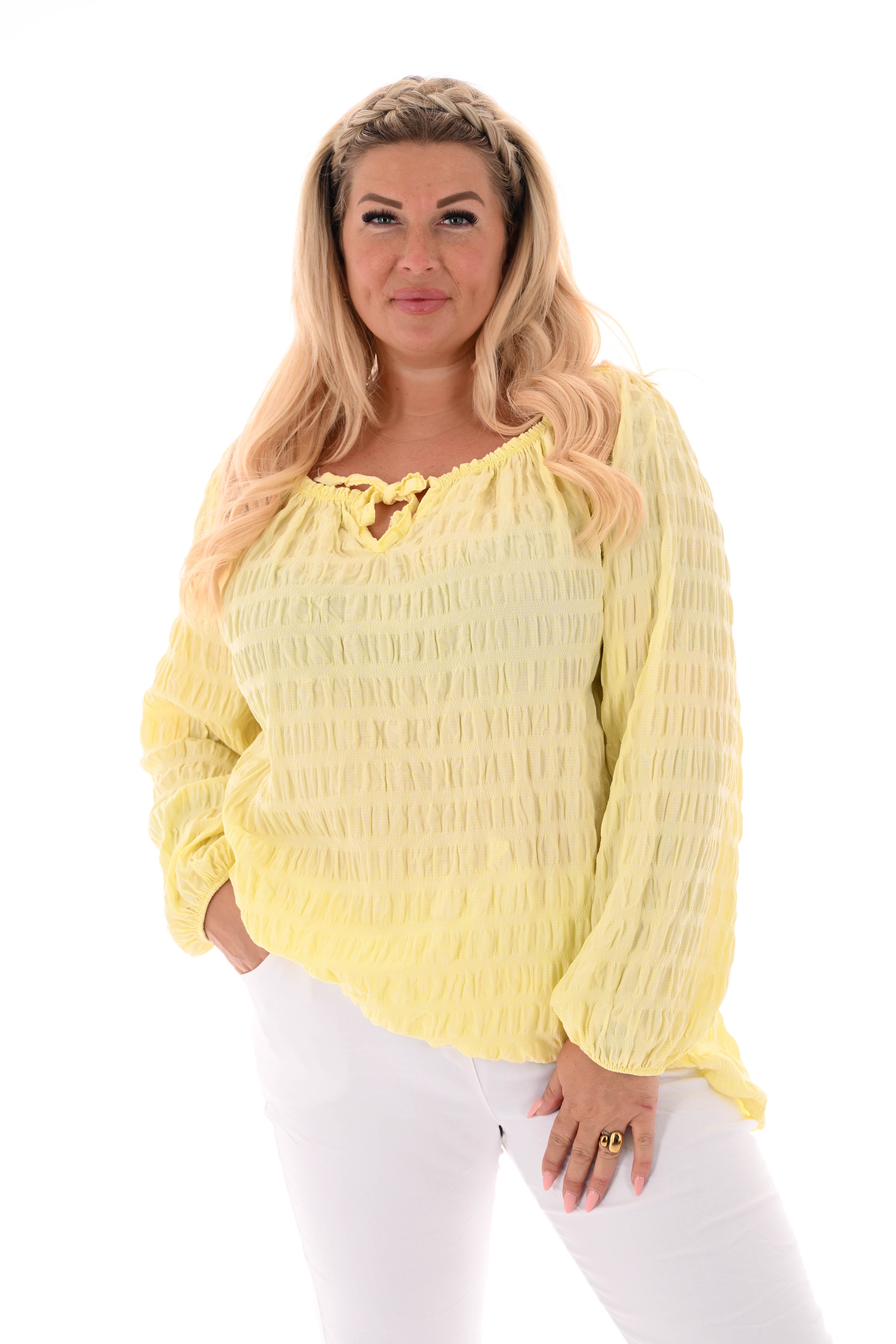 Top off-shoulder gesmockt lange mouwen lichtgeel