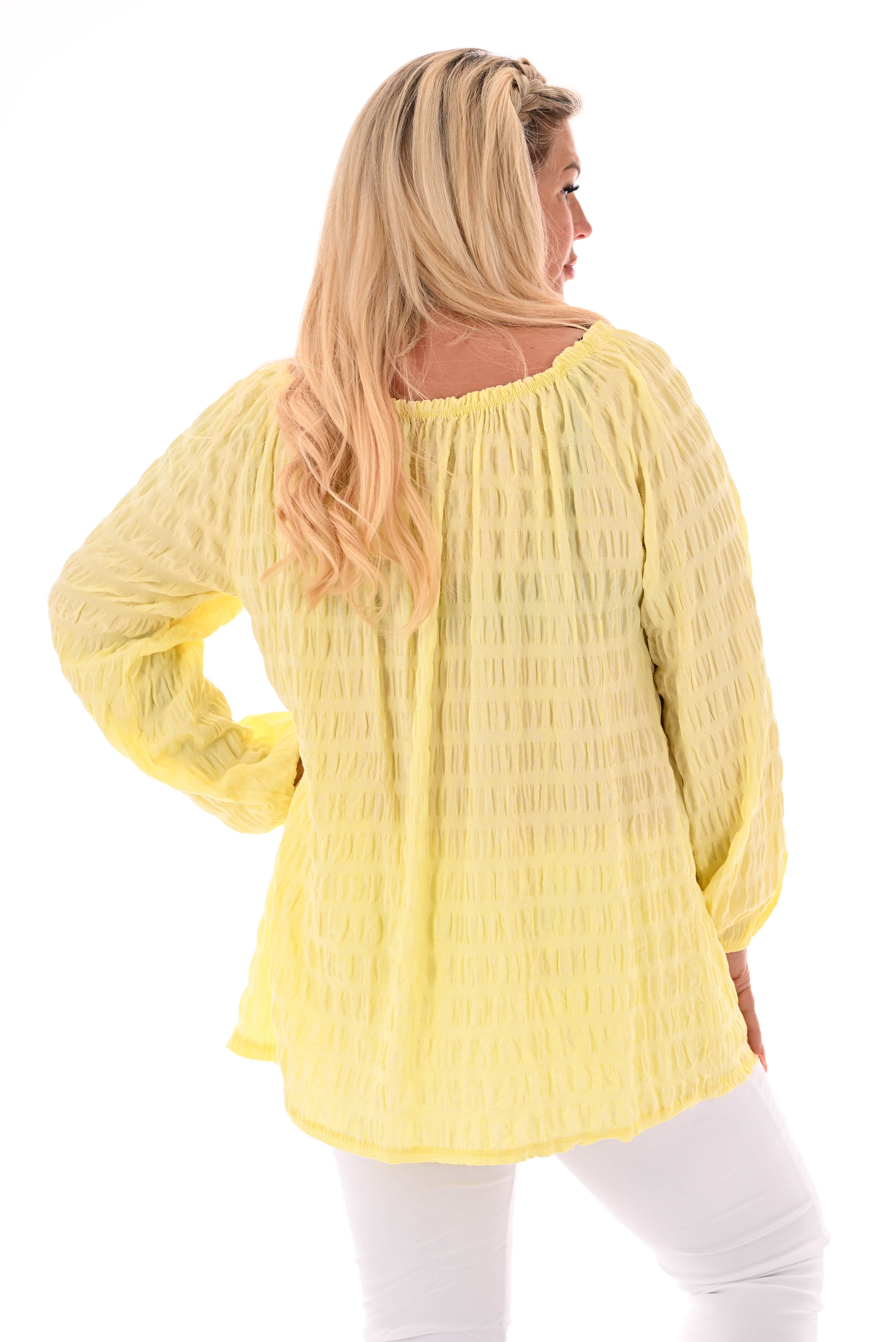 Top off-shoulder gesmockt lange mouwen lichtgeel