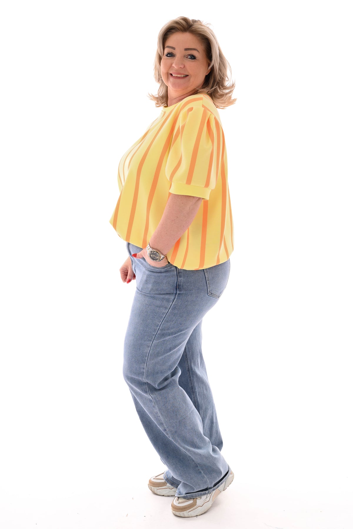 Sweater korte pofmouwen streep geel