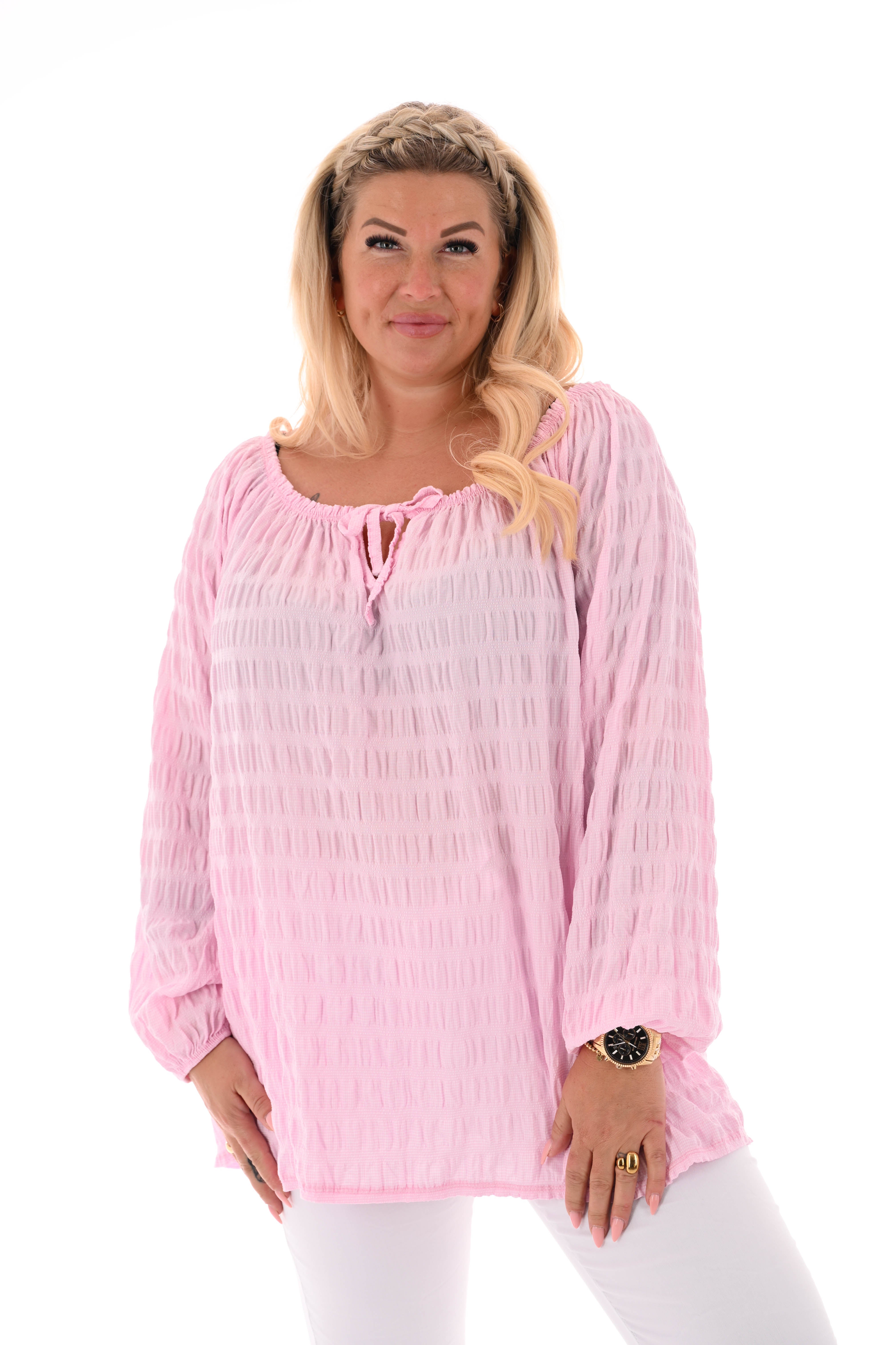 Top off-shoulder gesmockt lange mouwen lichtroze
