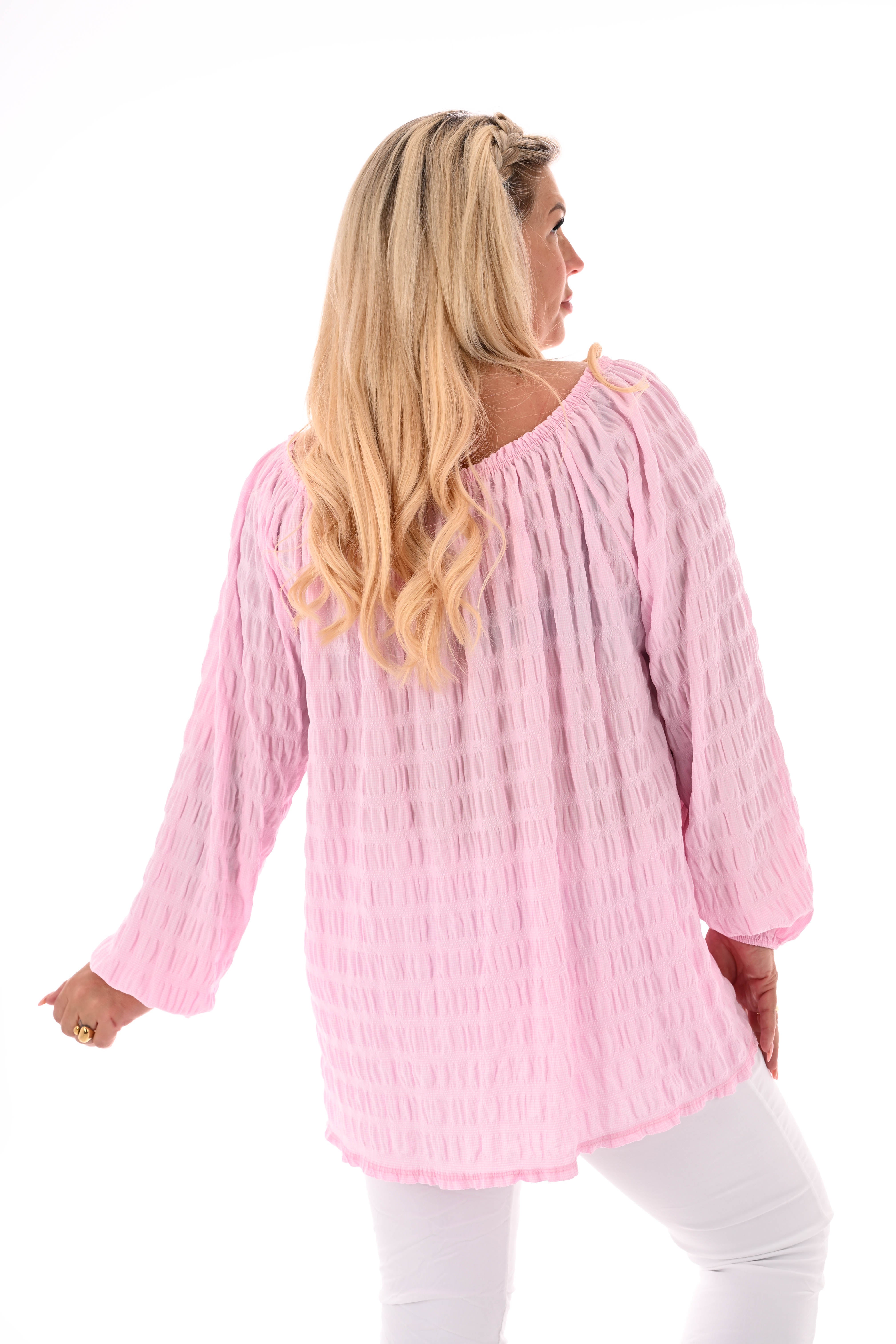 Top off-shoulder gesmockt lange mouwen lichtroze