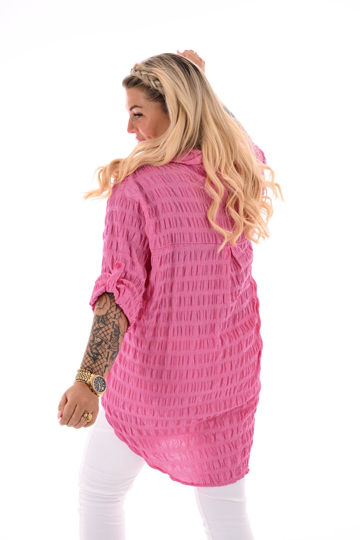 Blouse doorknoop gesmockt ophaalmouwen donkerroze