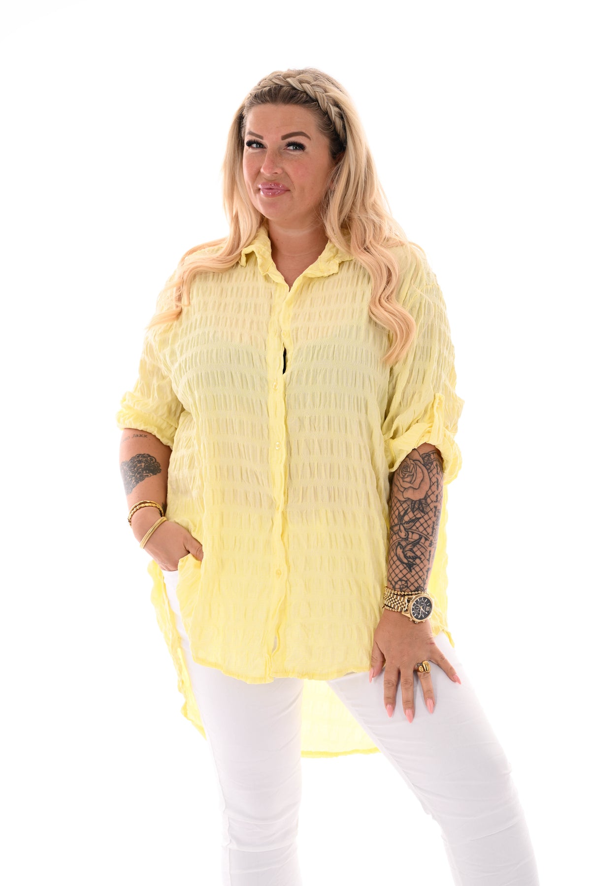 Blouse doorknoop gesmockt ophaalmouwen lichtgeel