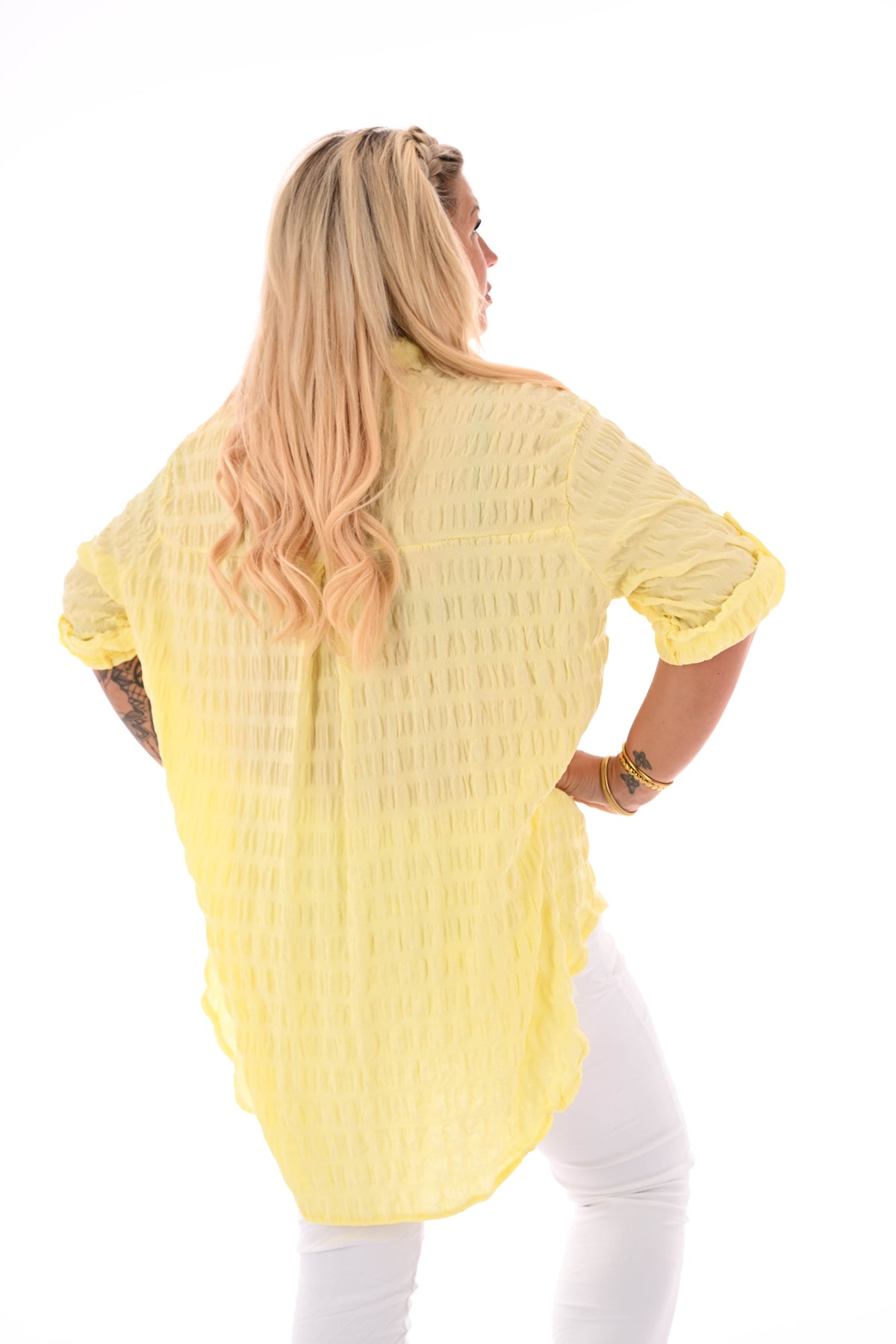 Blouse doorknoop gesmockt ophaalmouwen lichtgeel