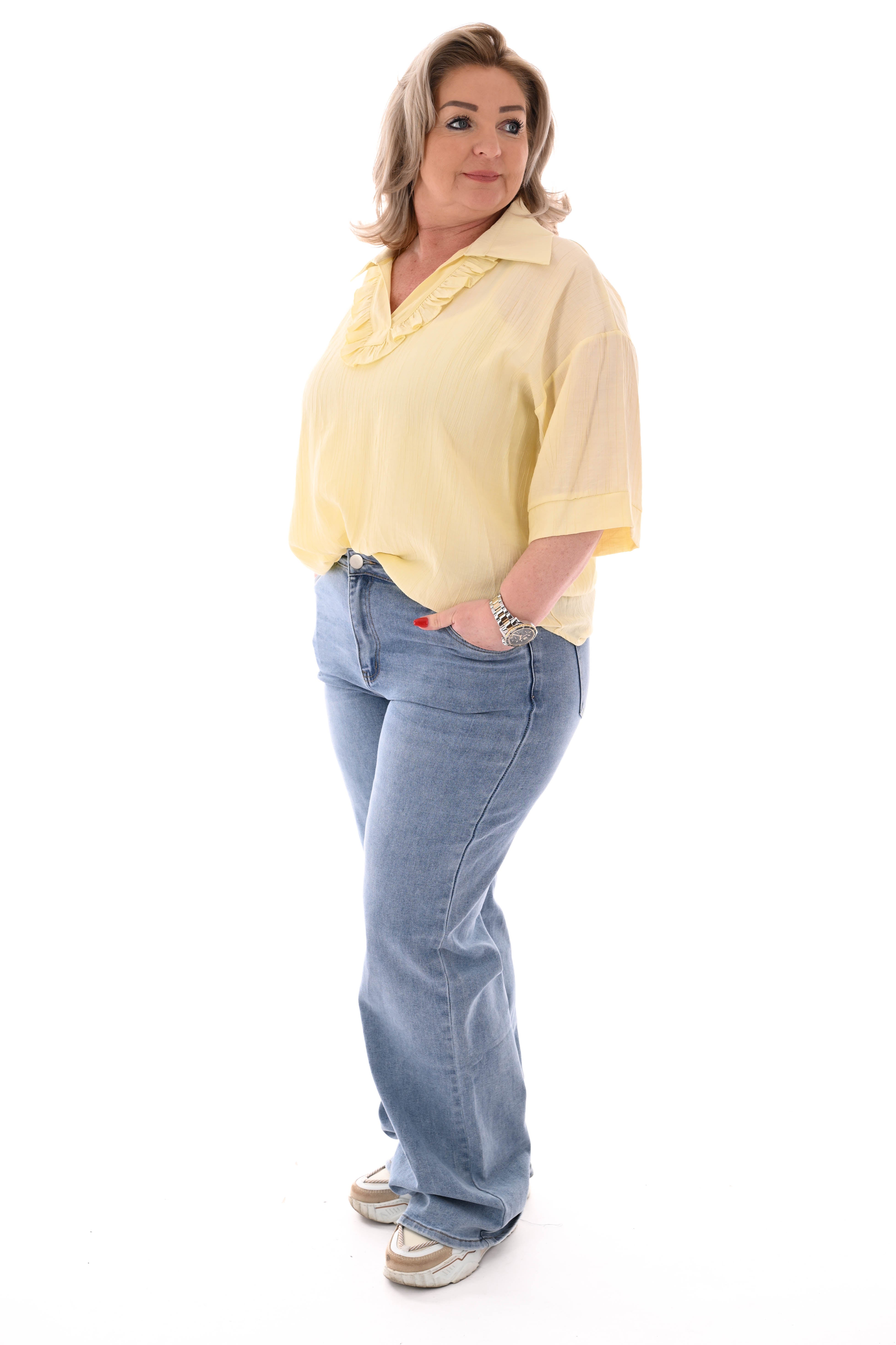 Blouse met roezel v-hals lichtgeel