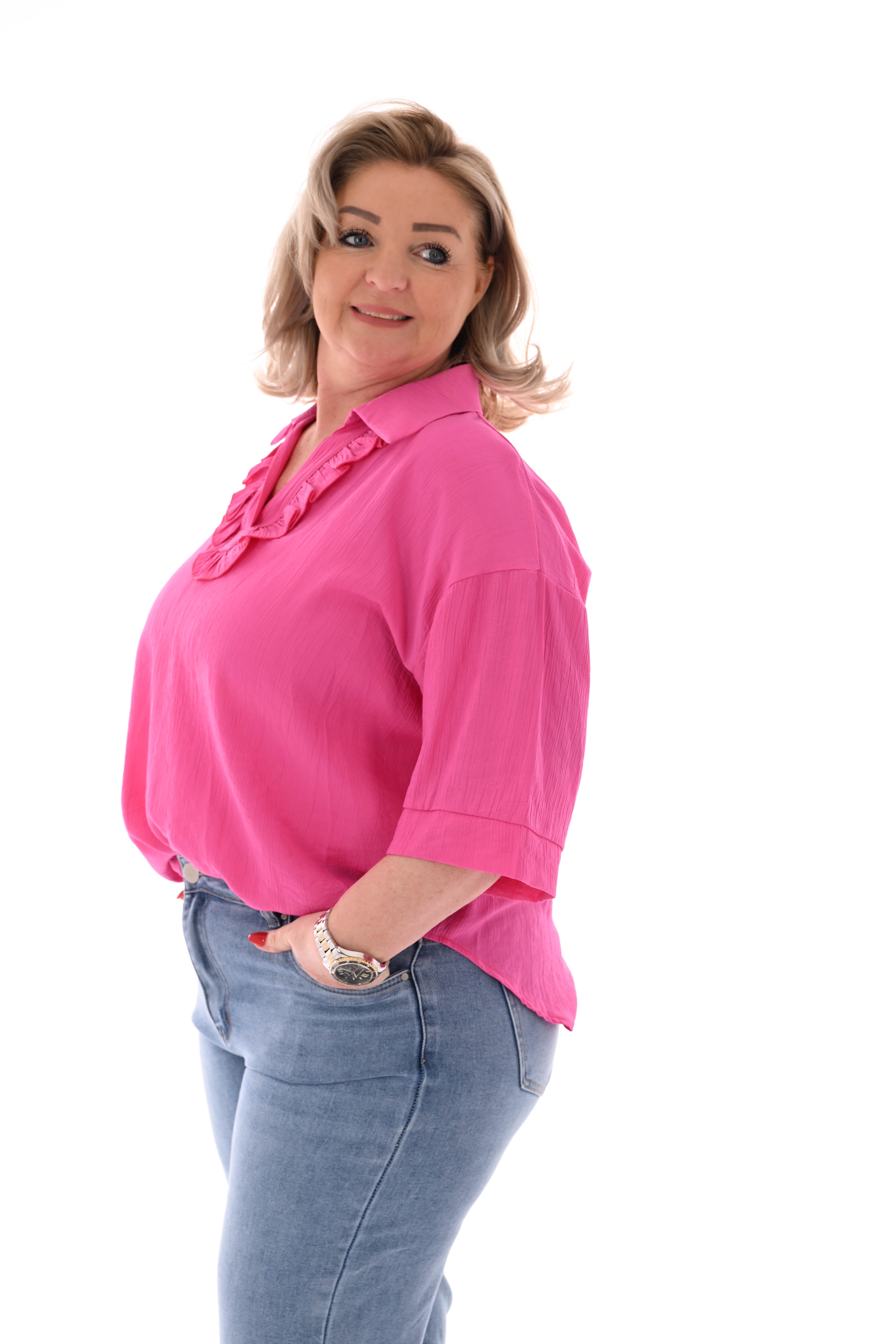 Blouse met roezel v-hals fuchsia