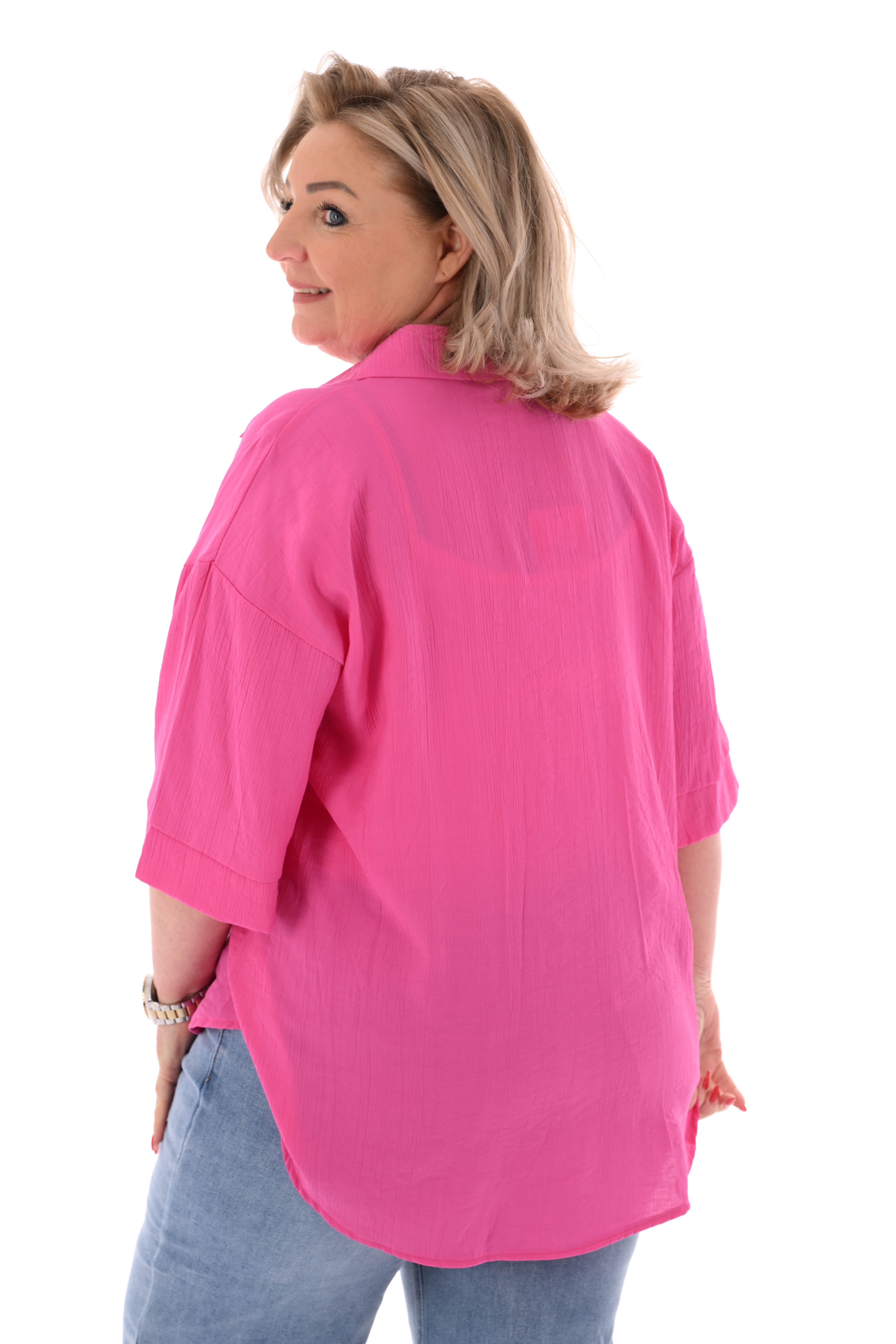 Blouse met roezel v-hals fuchsia