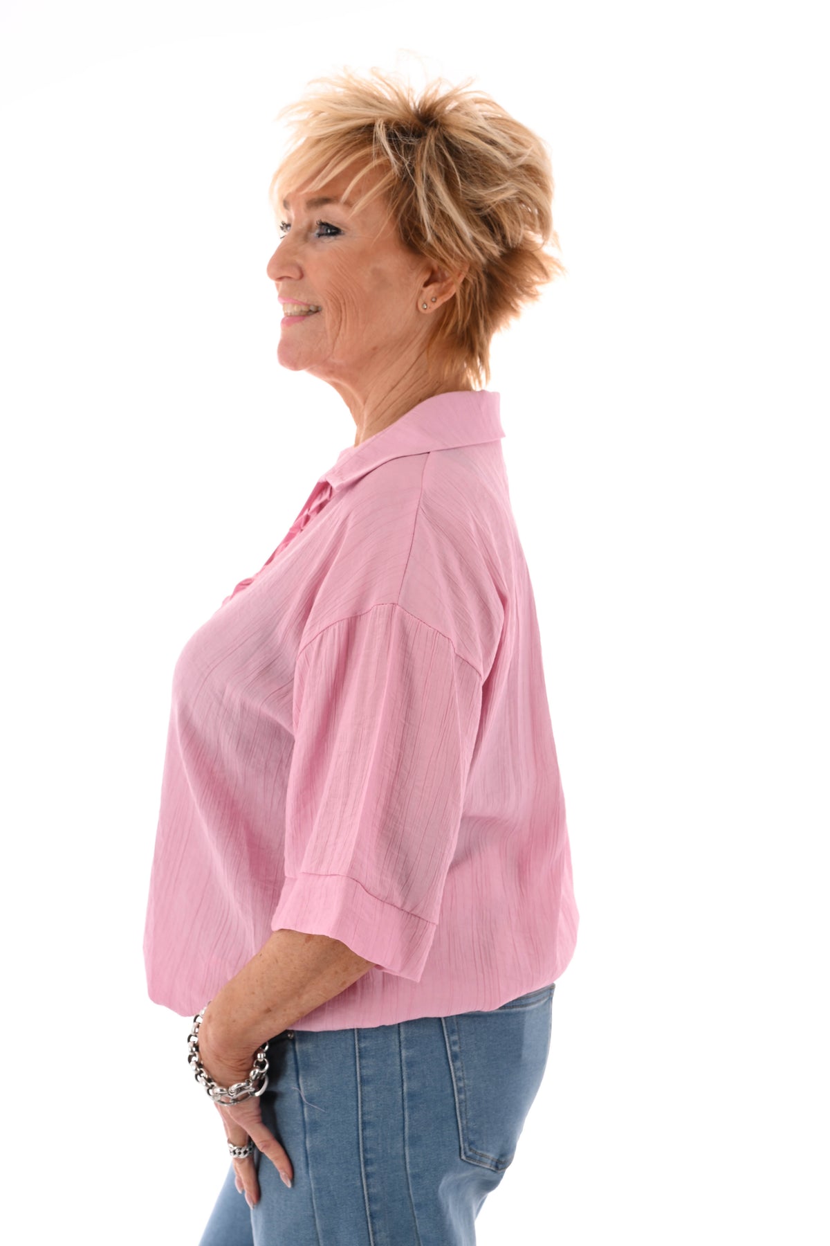 Blouse met roezel v-hals lichtroze