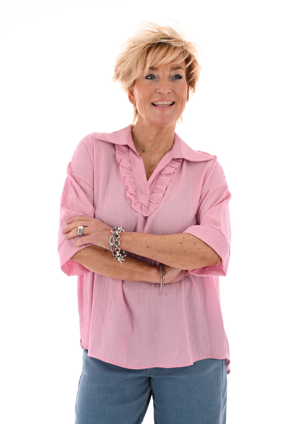 Blouse met roezel v-hals lichtroze