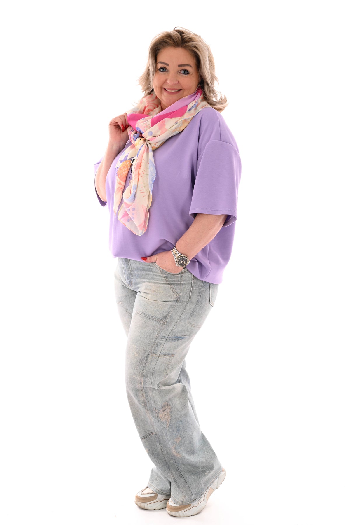 Sweater korte mouwen v-hals uni lila