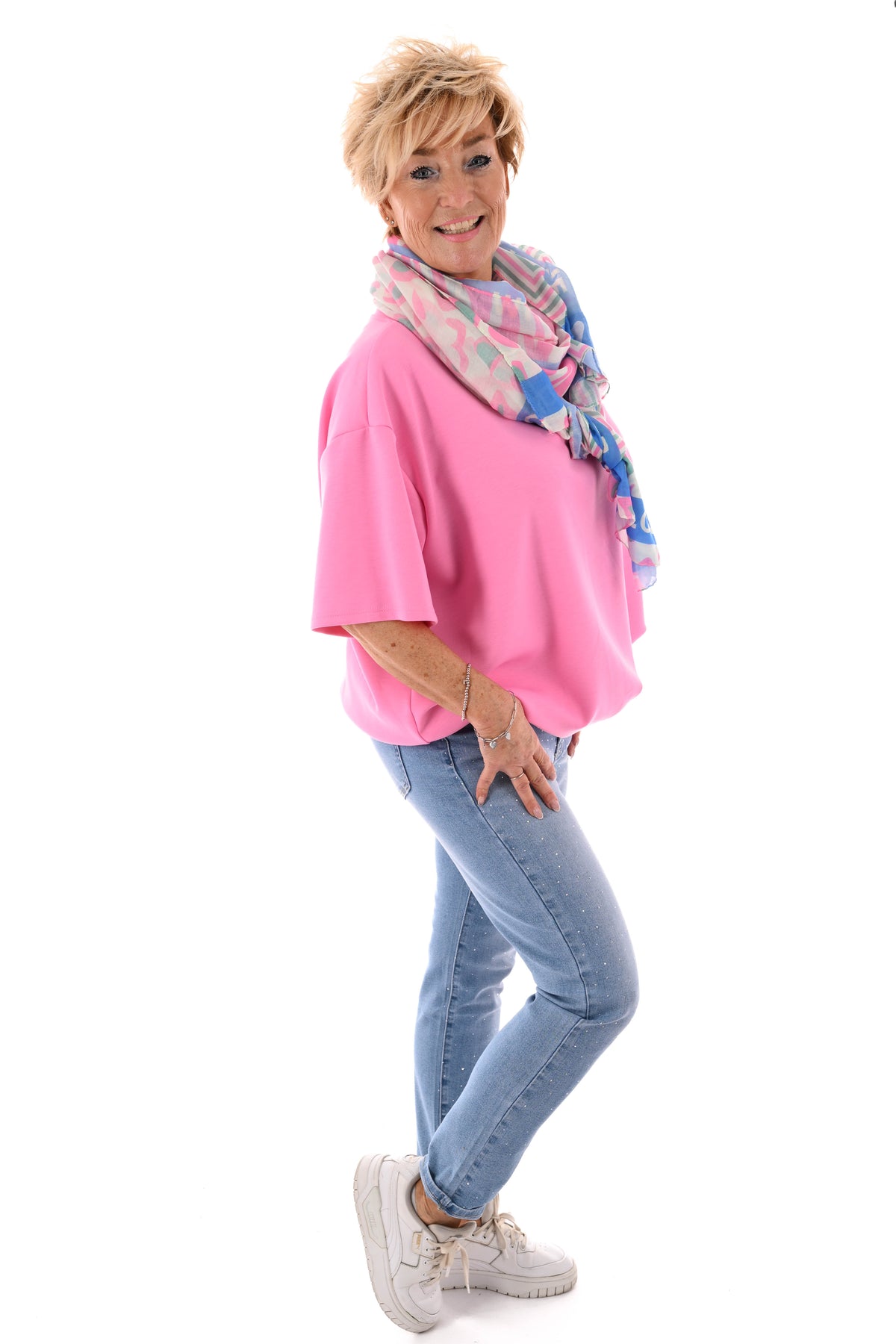 Sweater korte mouwen v-hals uni roze
