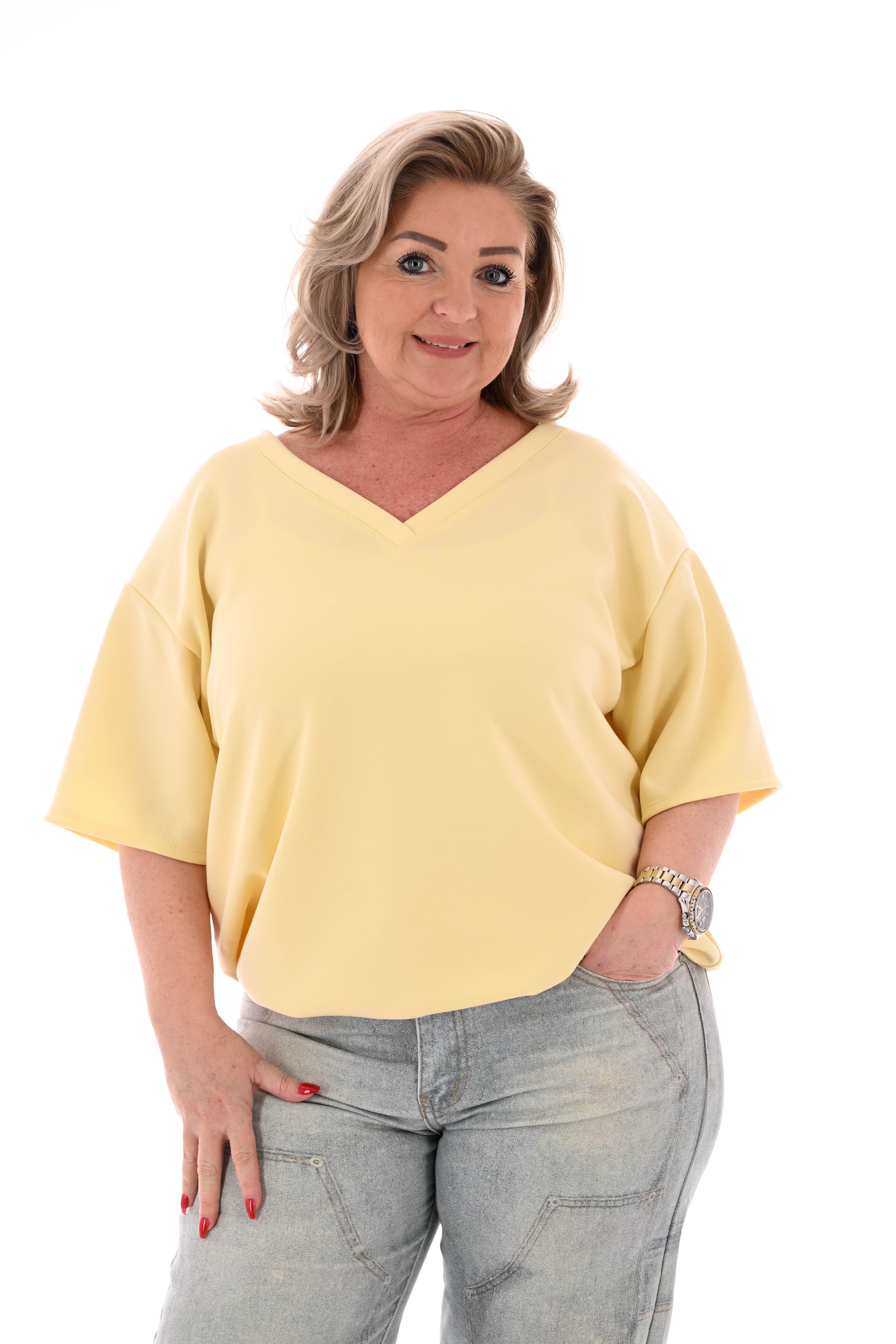 Sweater korte mouwen v-hals uni botergeel