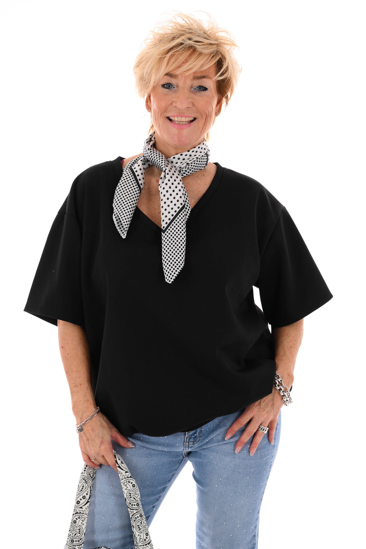 Sweater korte mouwen v-hals uni zwart