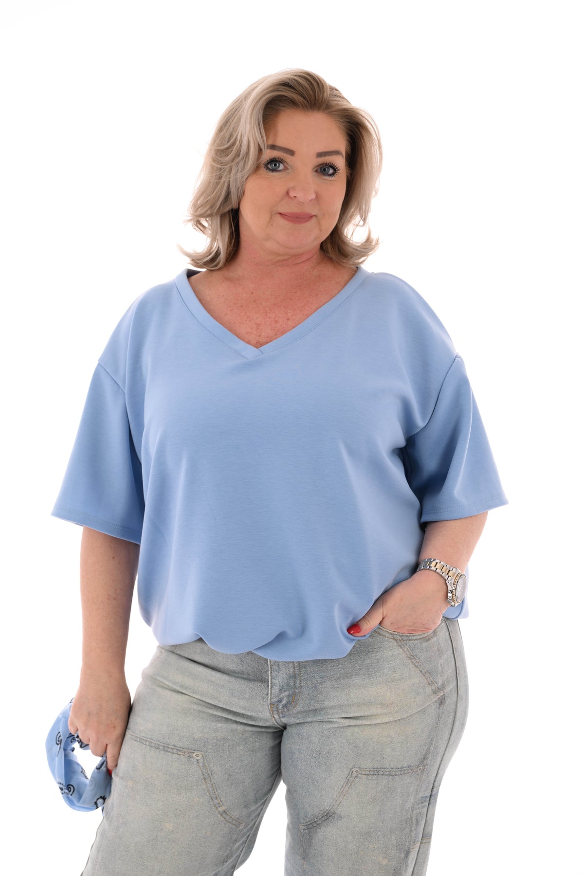 Sweater korte mouwen v-hals uni lichtblauw