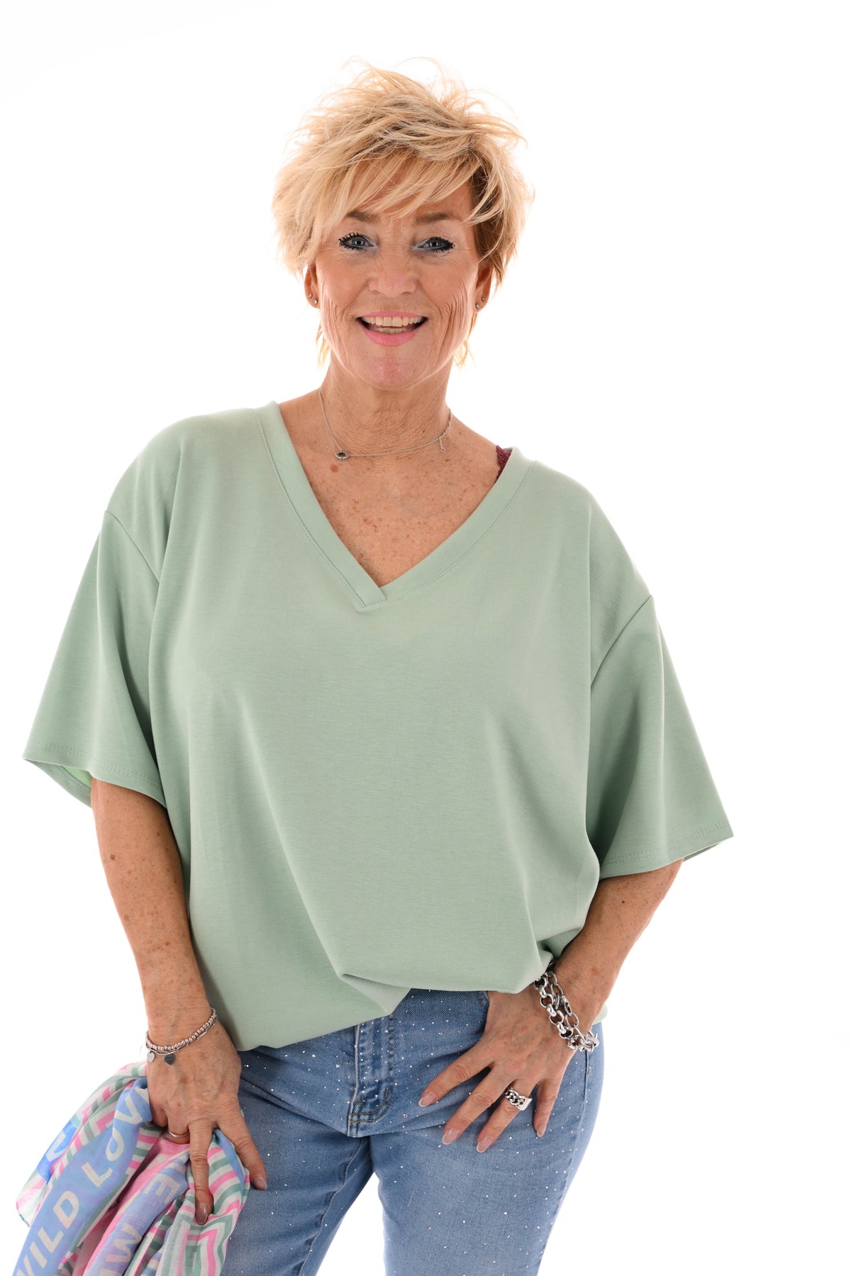 Sweater korte mouwen v-hals uni pistache
