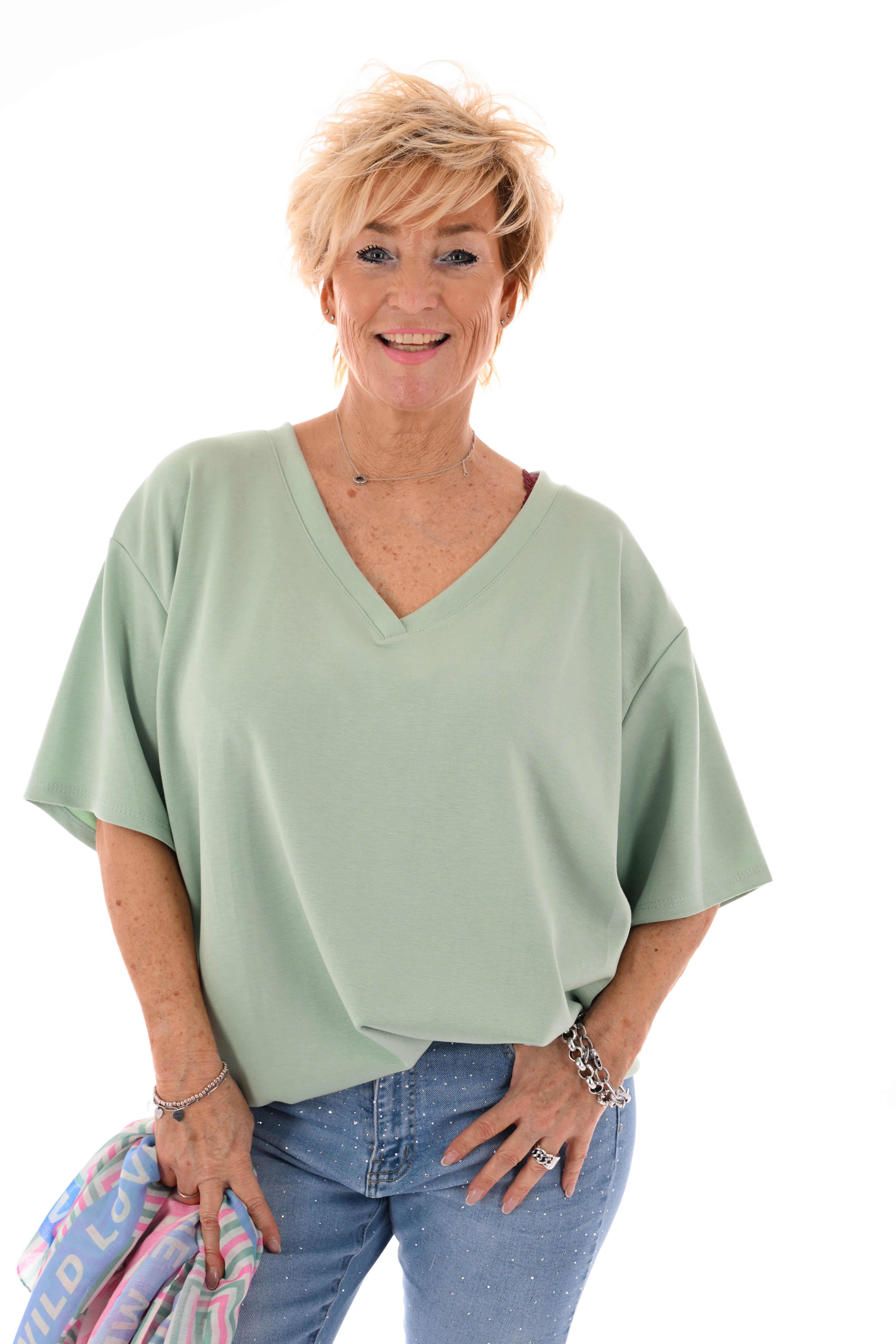 Sweater korte mouwen v-hals uni pistache