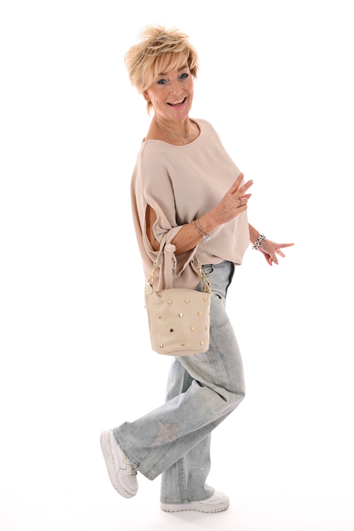 Top korte mouwen met strik uni beige