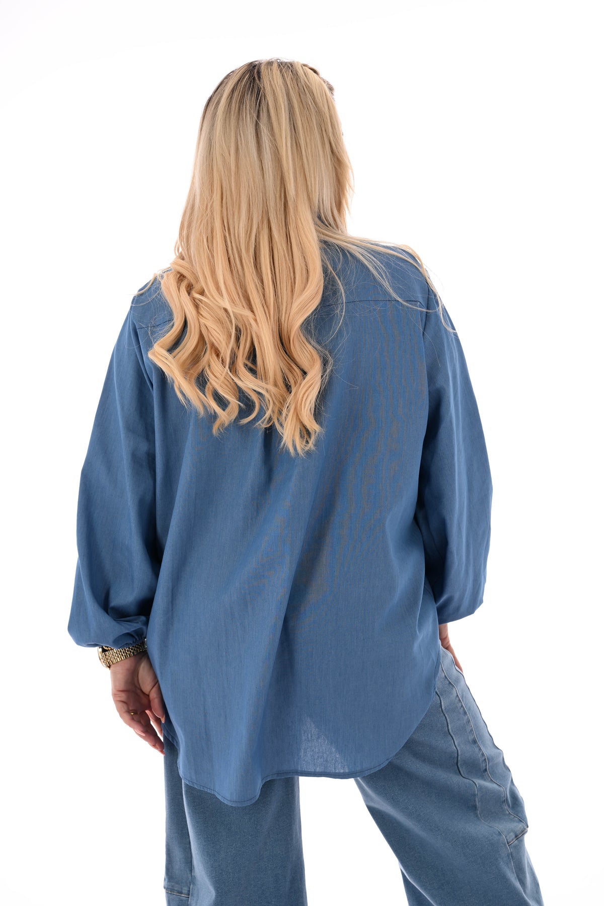Jeans blouse met hals detail jeansblauw