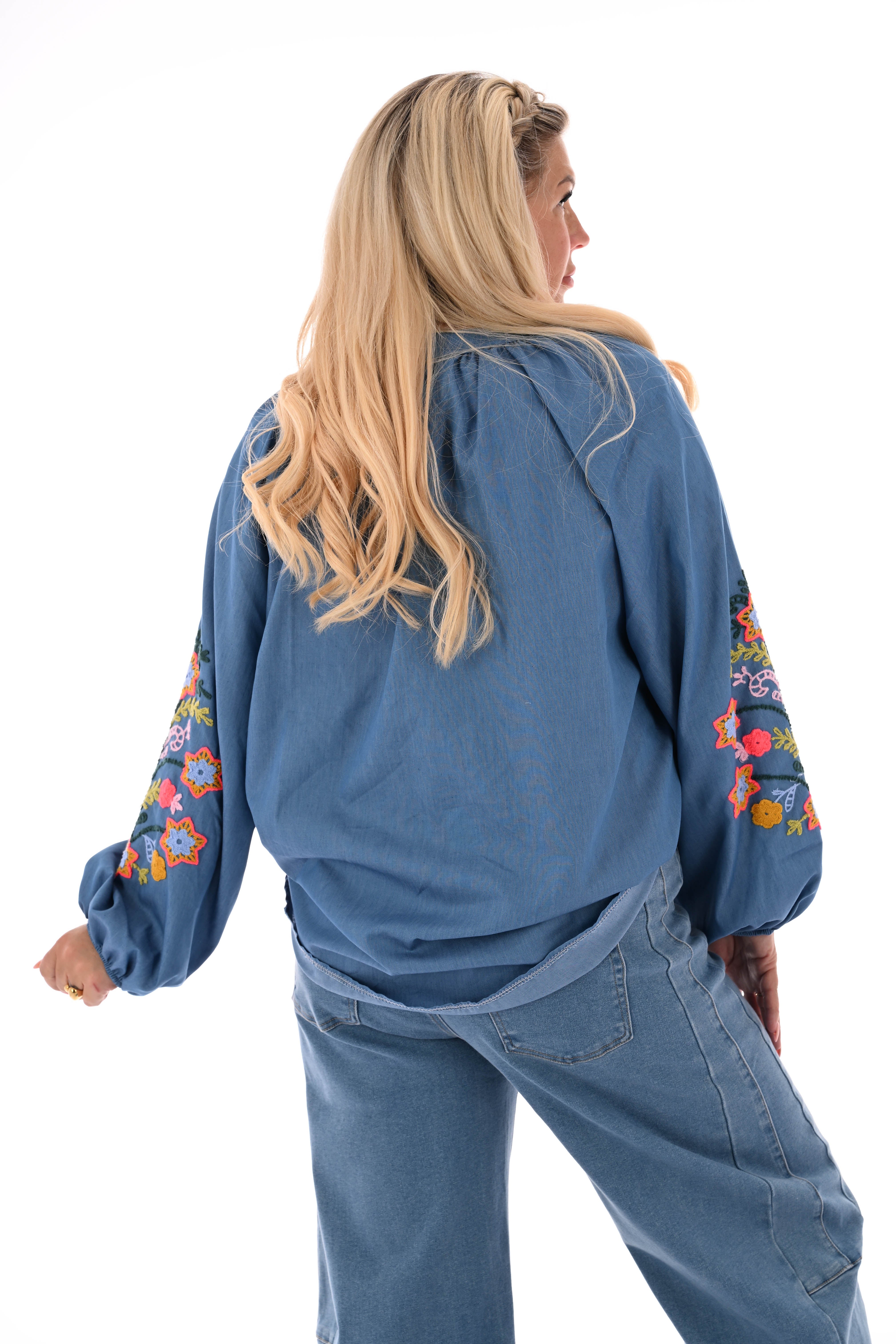 Blouse jeans mouwdetail jeansblauw