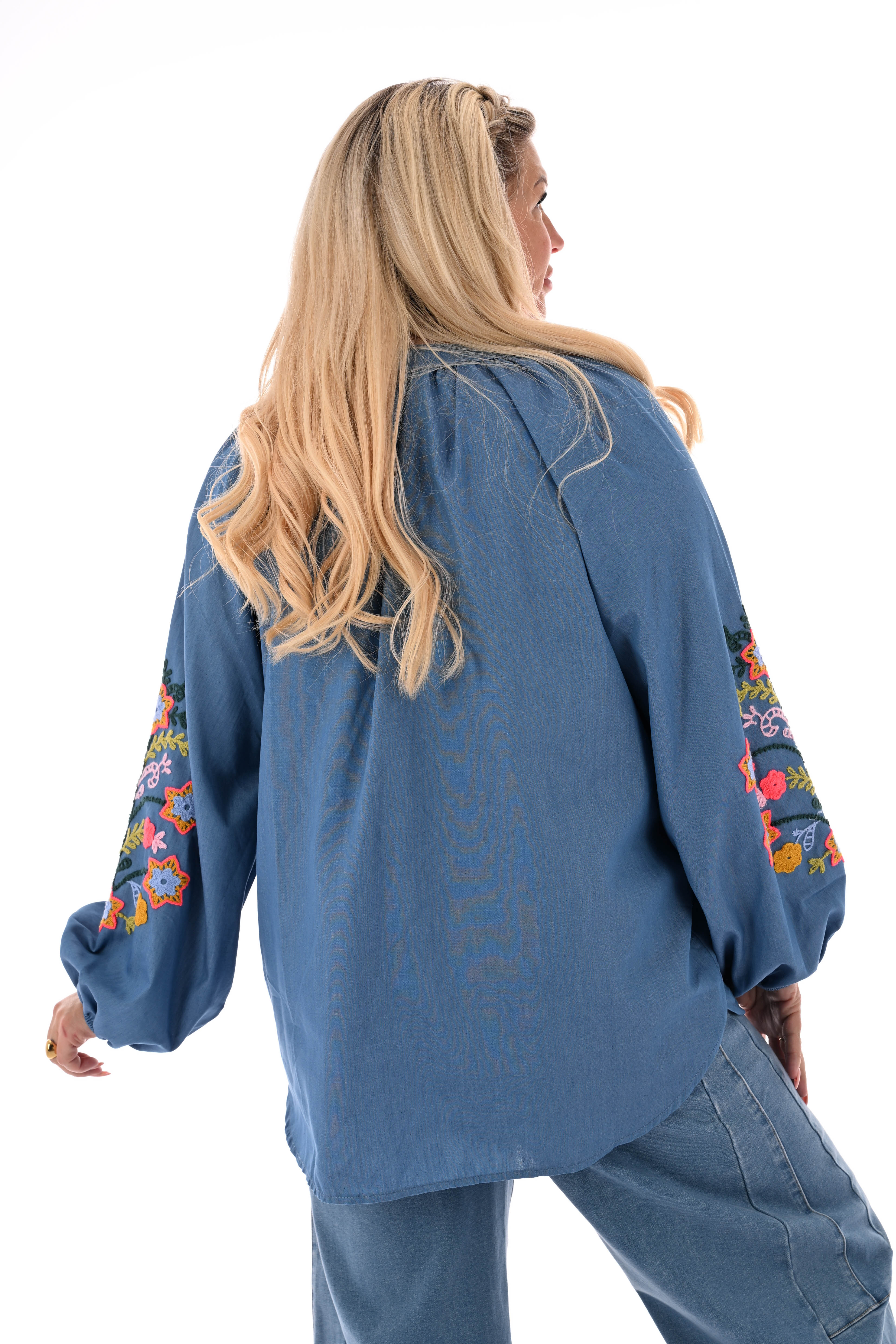 Blouse jeans mouwdetail jeansblauw