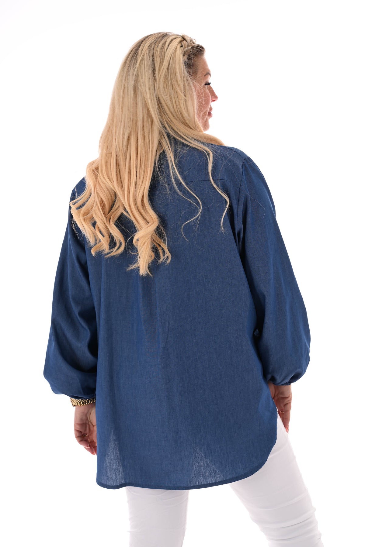 Jeans blouse met hals detail donkerblauw