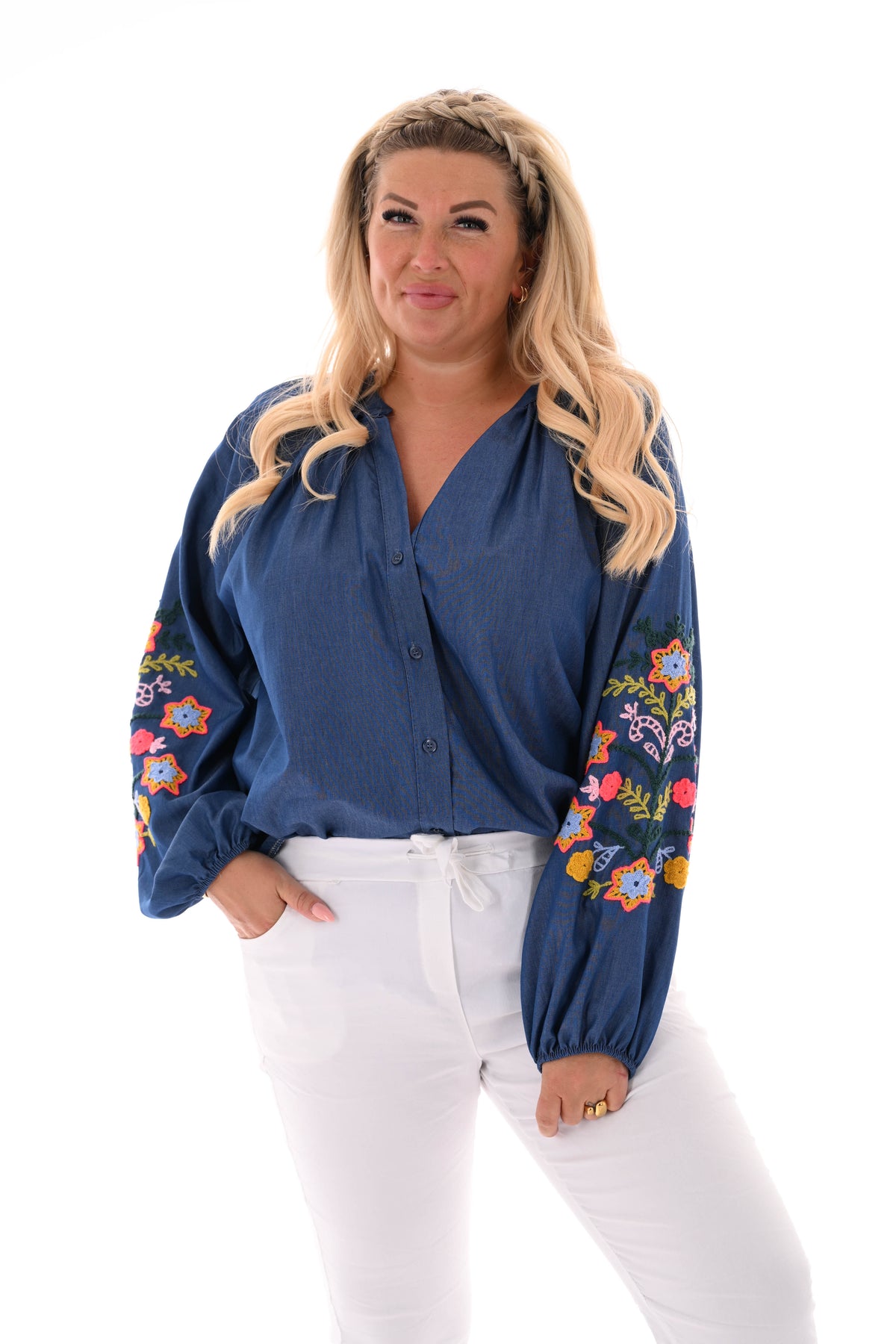 Blouse jeans mouwdetail donkerblauw