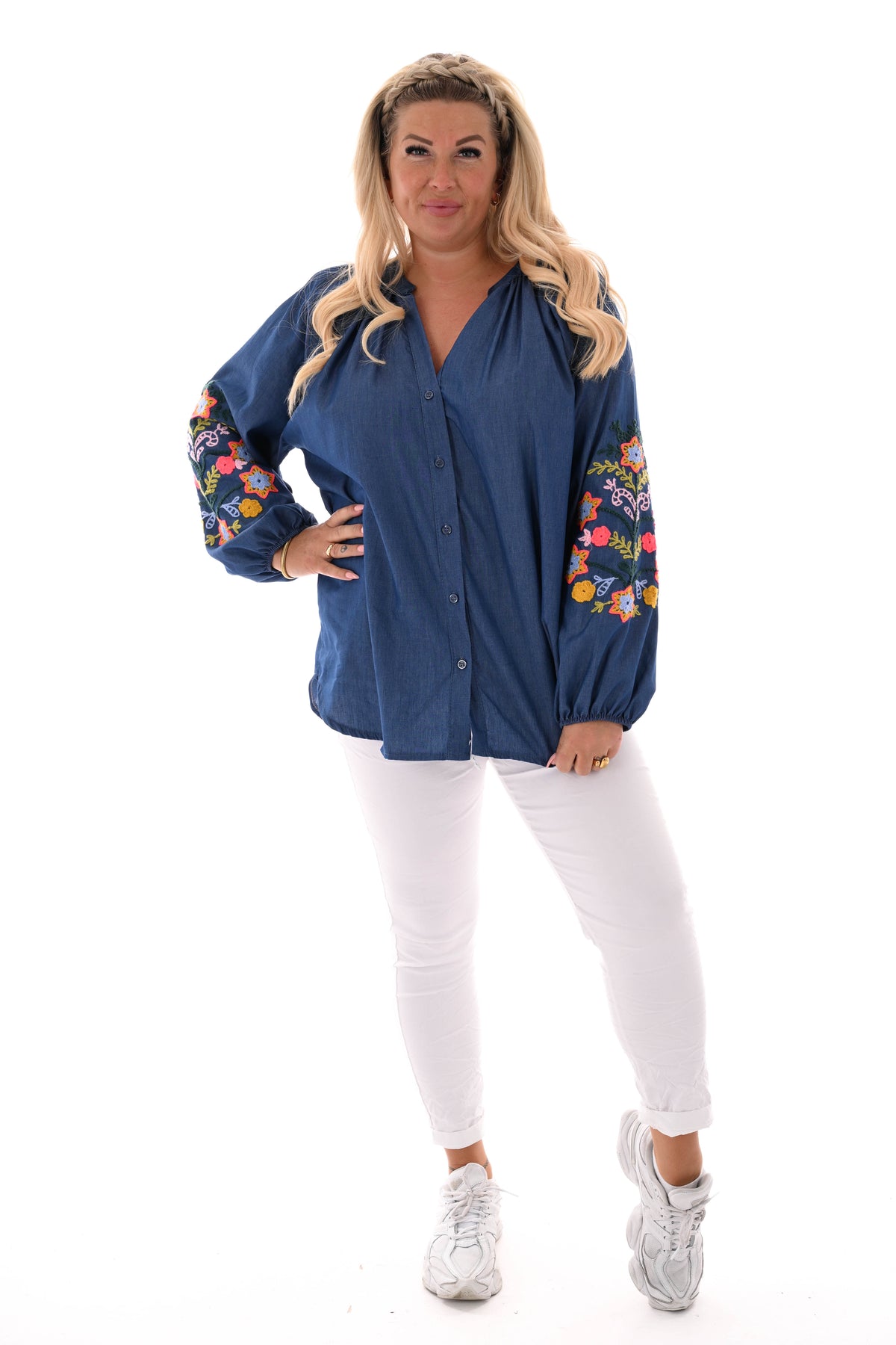 Blouse jeans mouwdetail donkerblauw