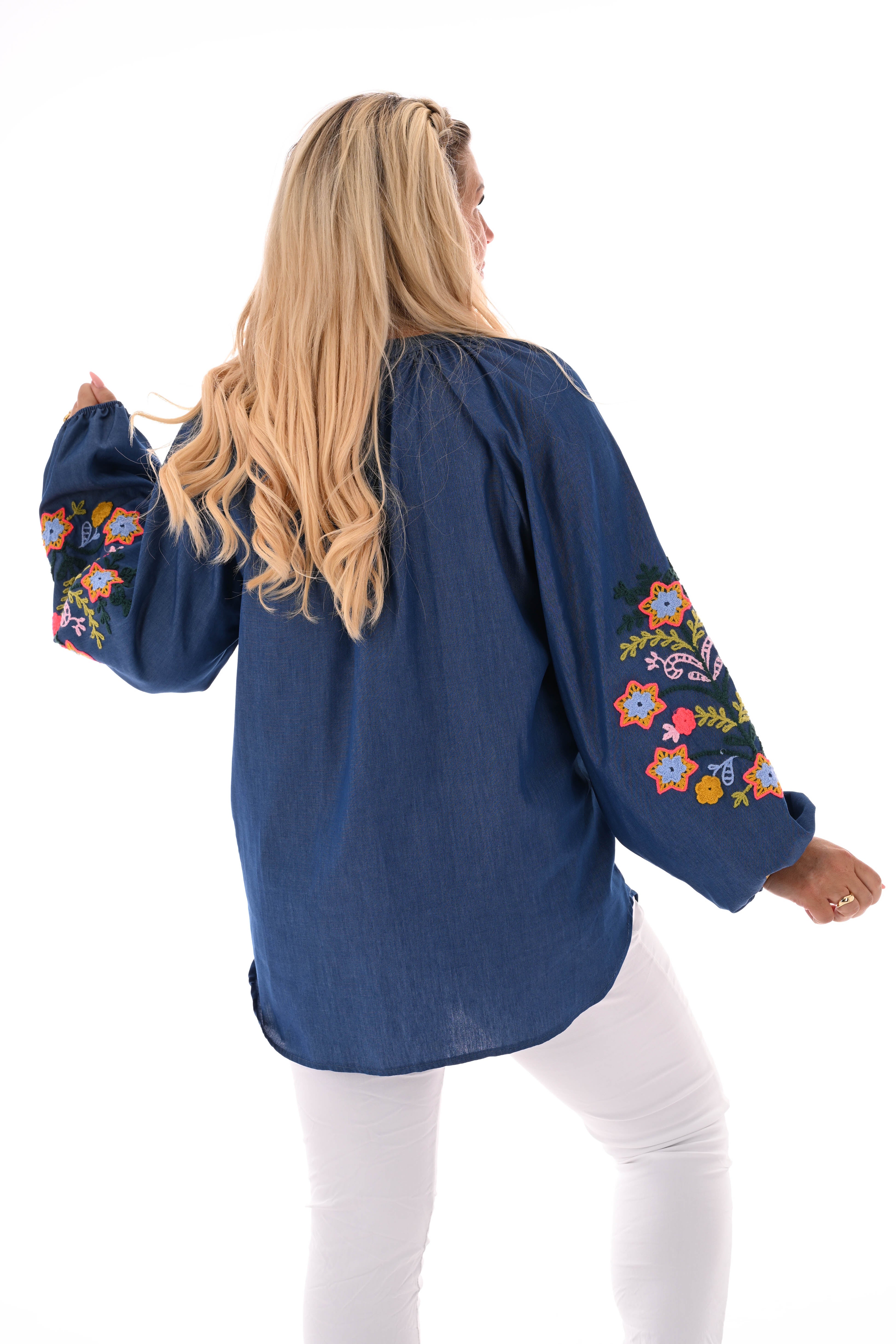 Blouse jeans mouwdetail donkerblauw