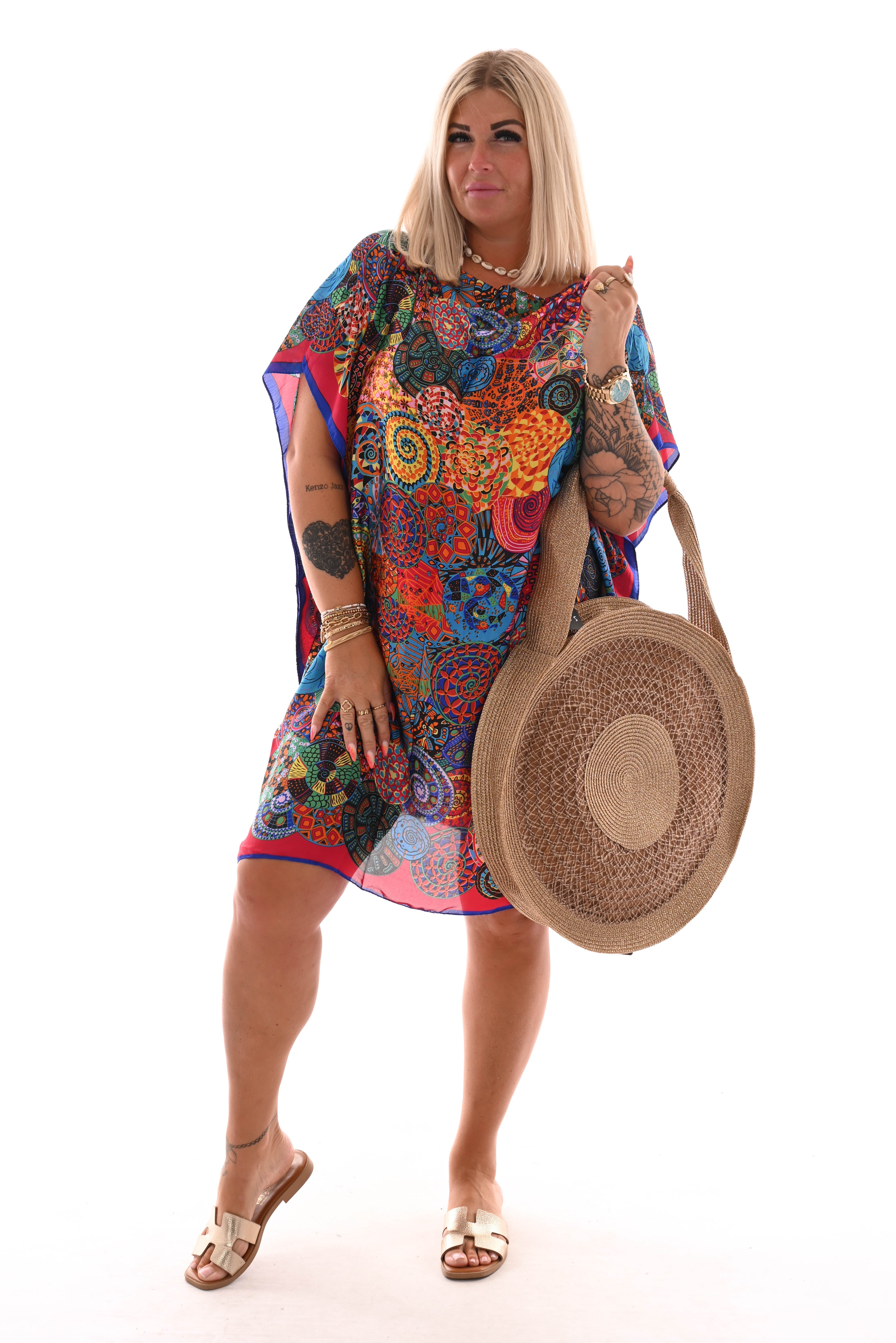 Kaftan cirkels fuchsia/kobaltblauw