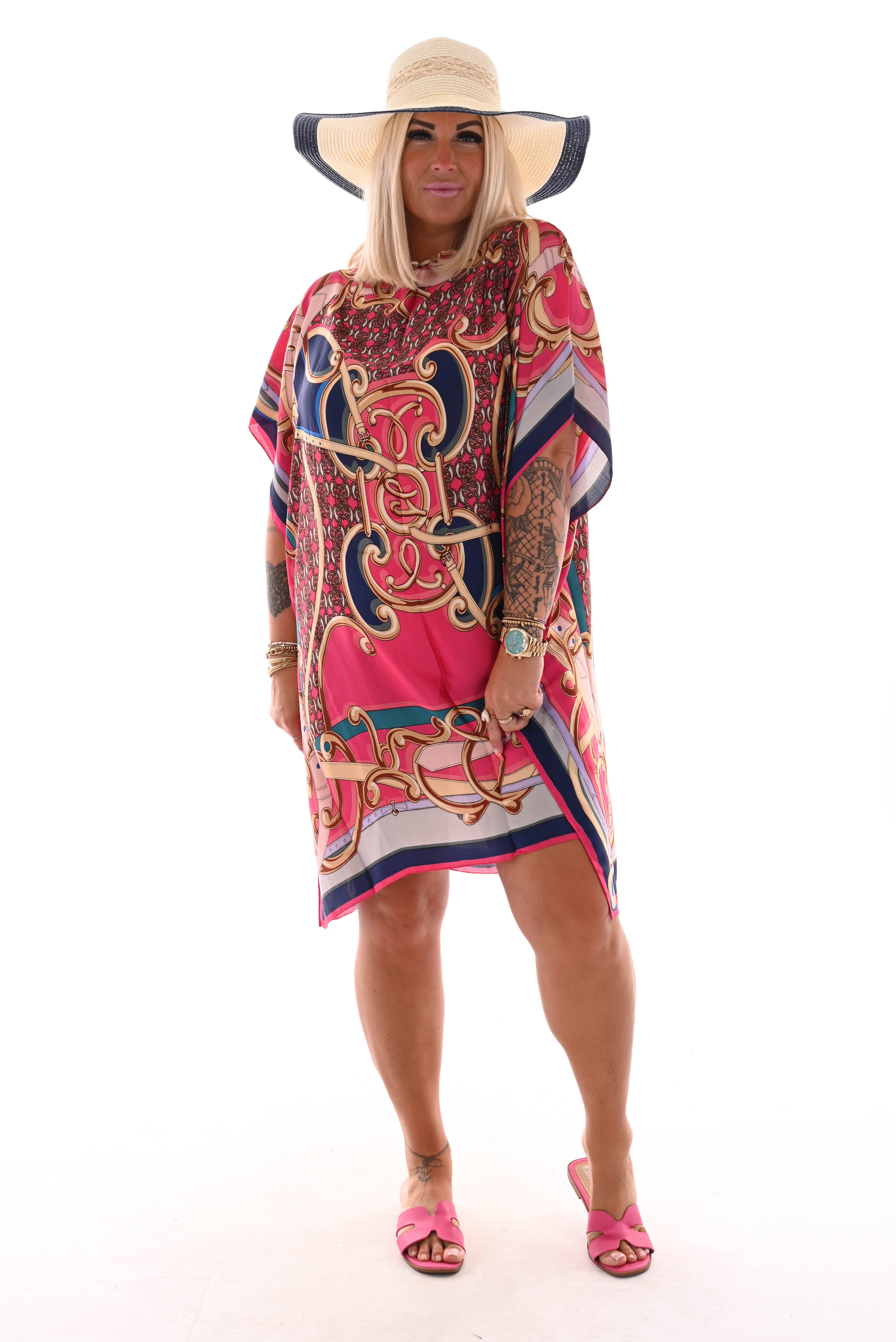 Kaftan riempjes fuchsia/marineblauw