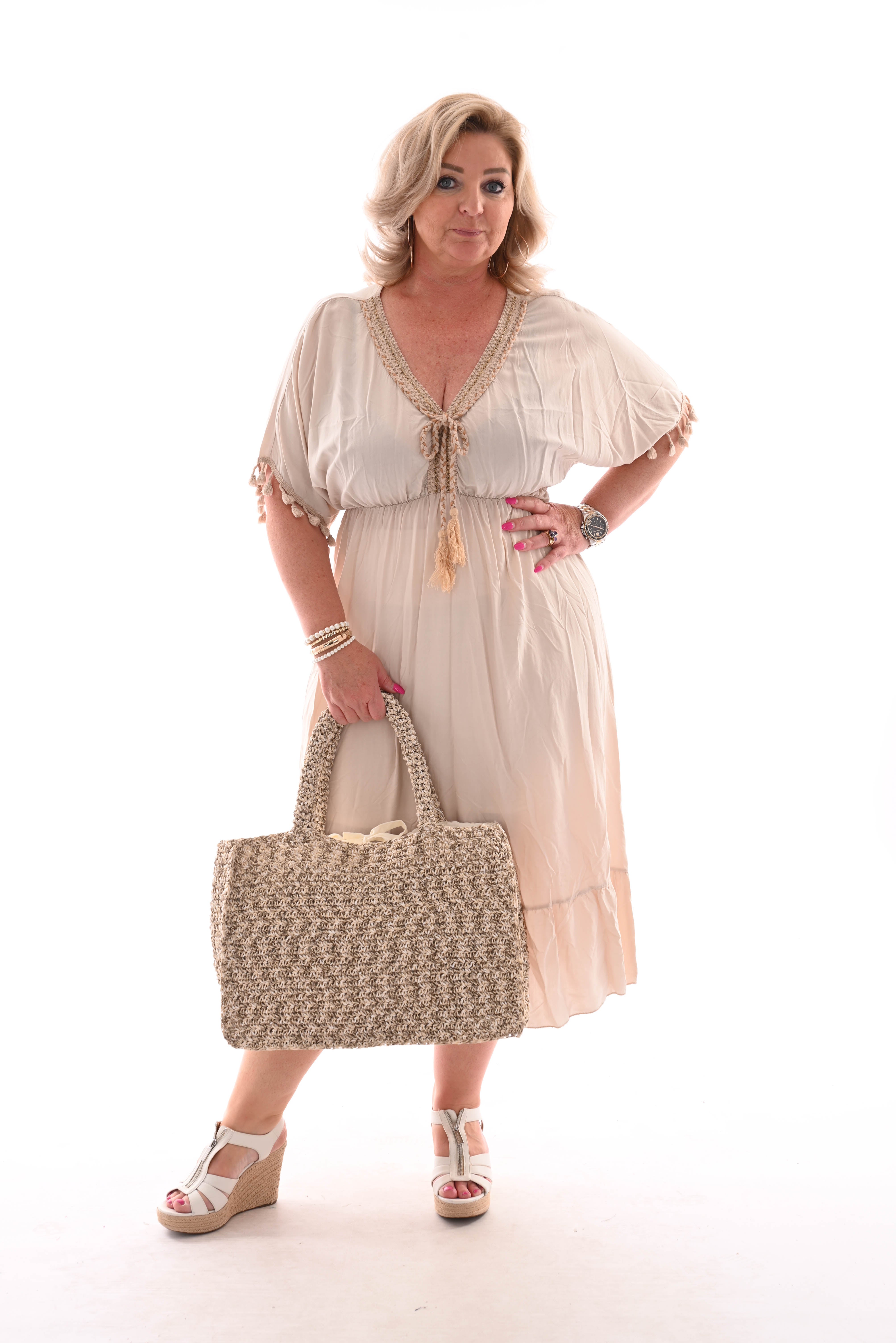 Lange jurk kwastjes beige