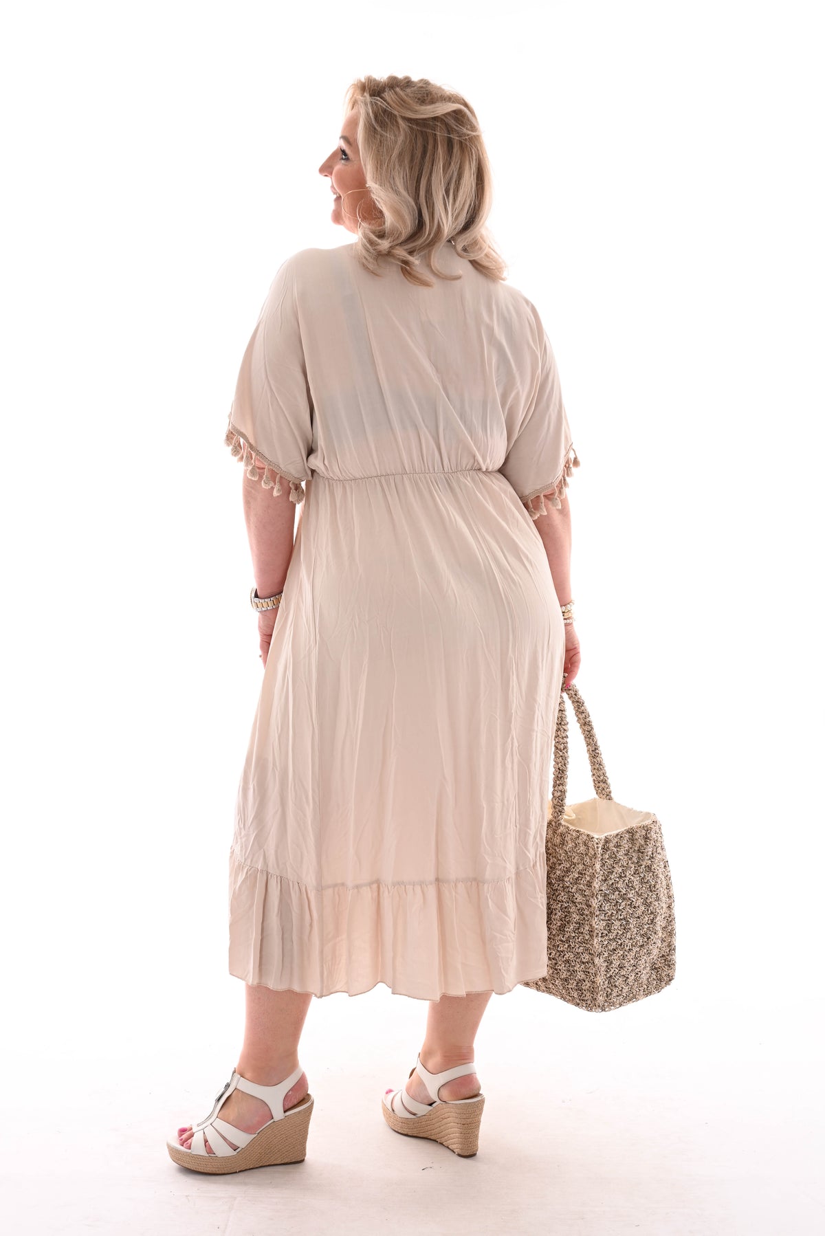 Lange jurk kwastjes beige
