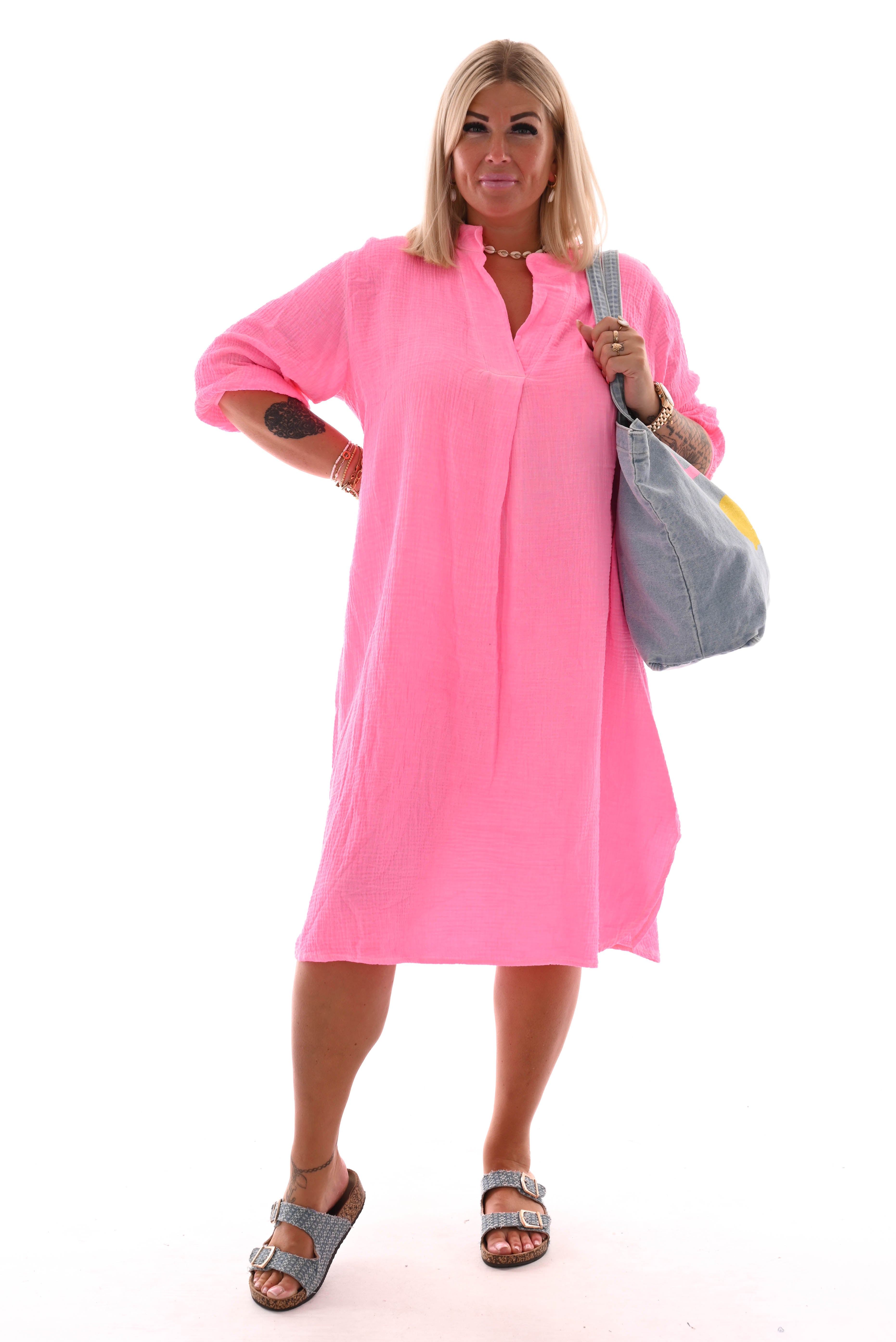 Tuniek v-hals pofmouwen wafel neonroze