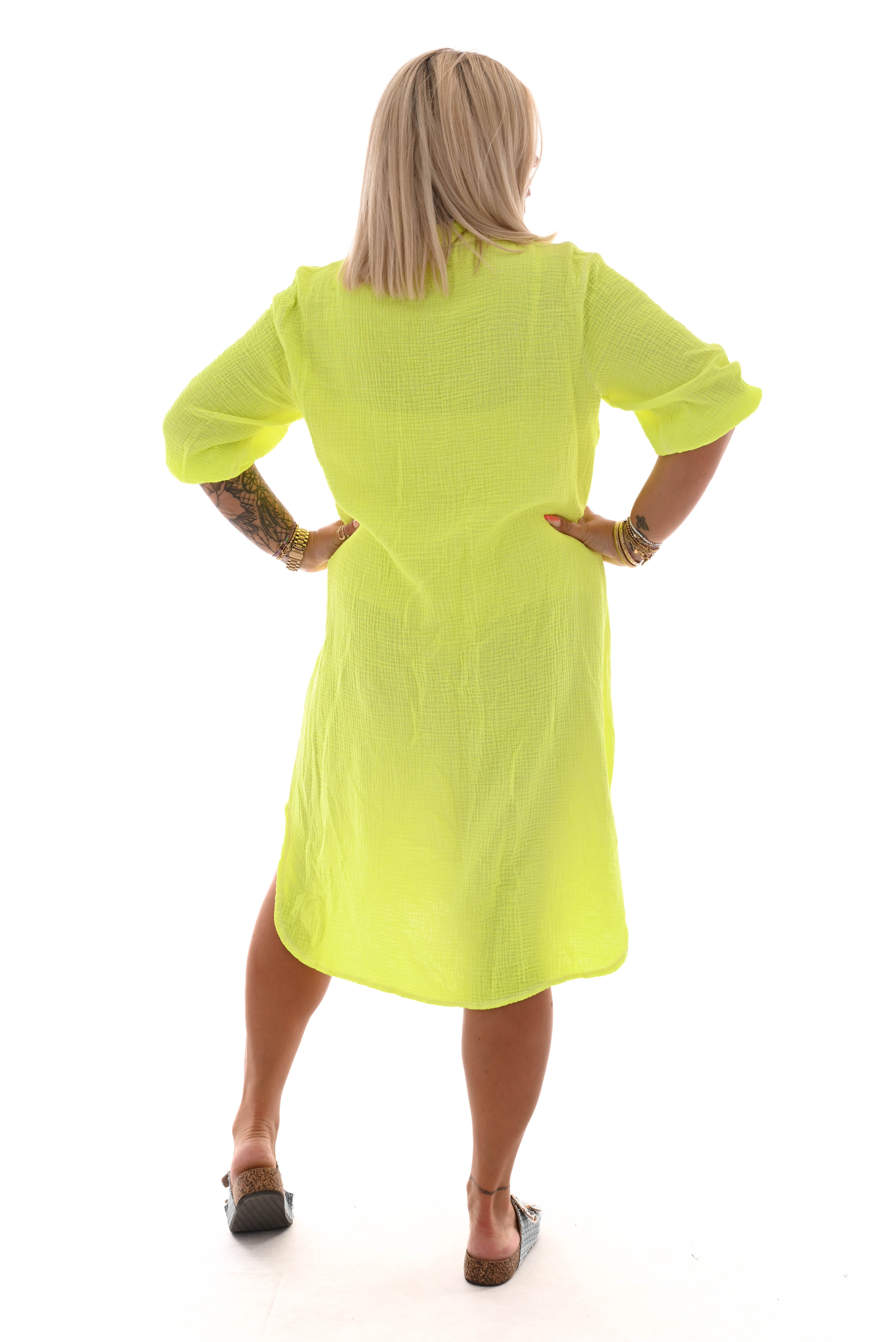 Tuniek v-hals pofmouwen wafel neongeel