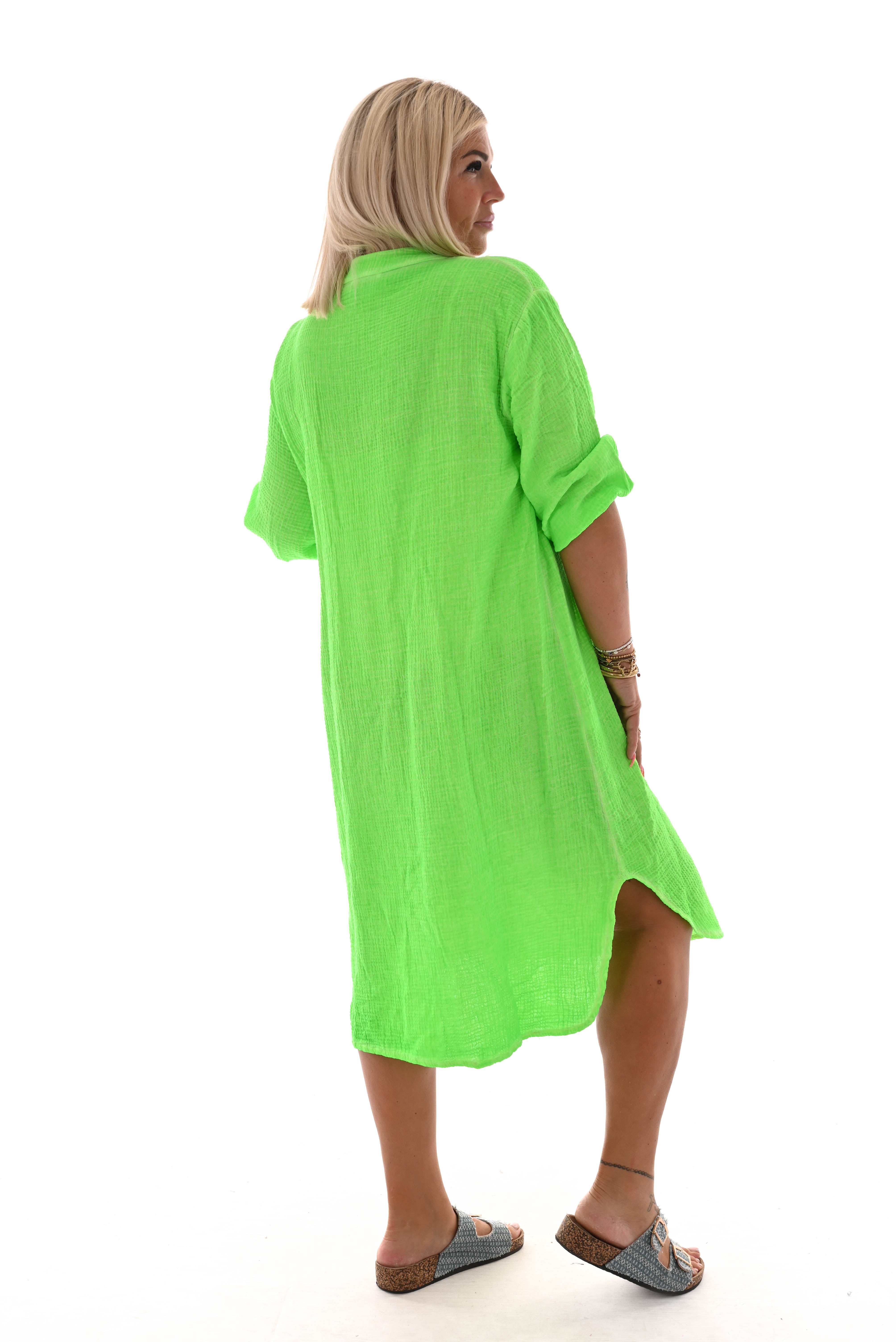 Tuniek v-hals pofmouwen wafel neongroen